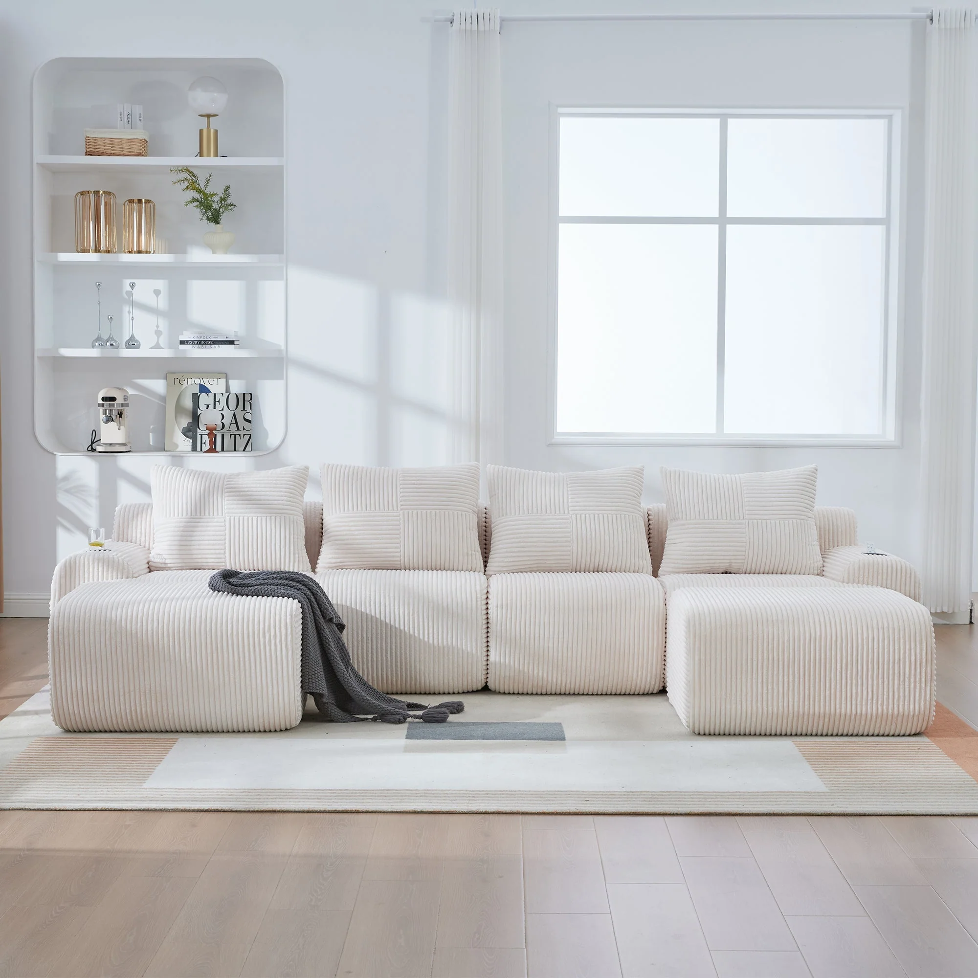 Modular Corduroy Sofa, 4-Seater with 2 Ottomans, Cup Holders and Storage, Beige - Image 9