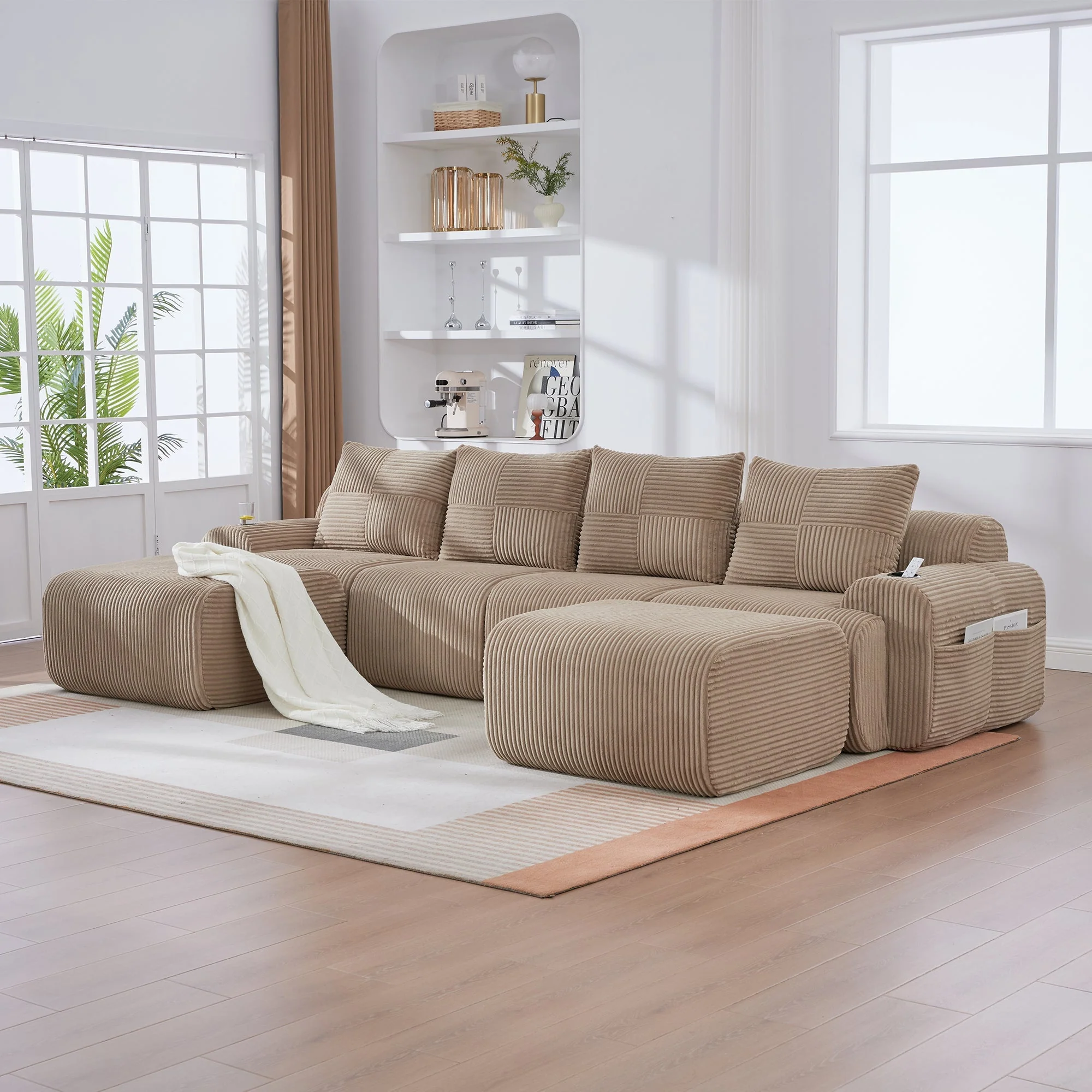 Modular Corduroy Sofa 4-Seater with 2 Ottomans Cup Holders Storage Pocket Khaki - Image 8
