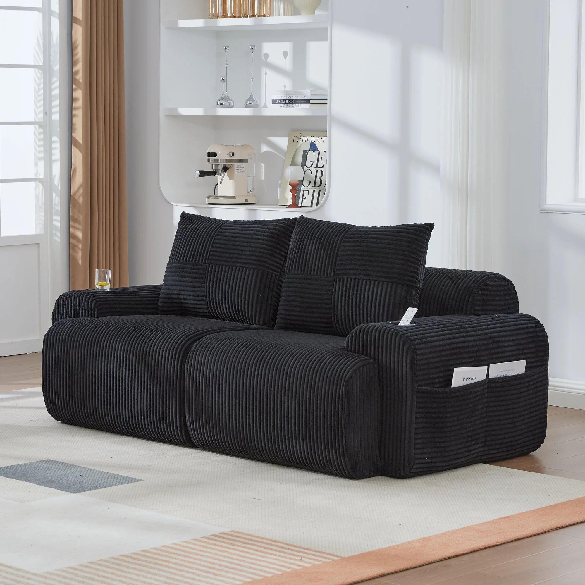 Modular Corduroy Sofa for 2 People, Combinable with Cup Holder and Storage Pocket, Black - Image 10