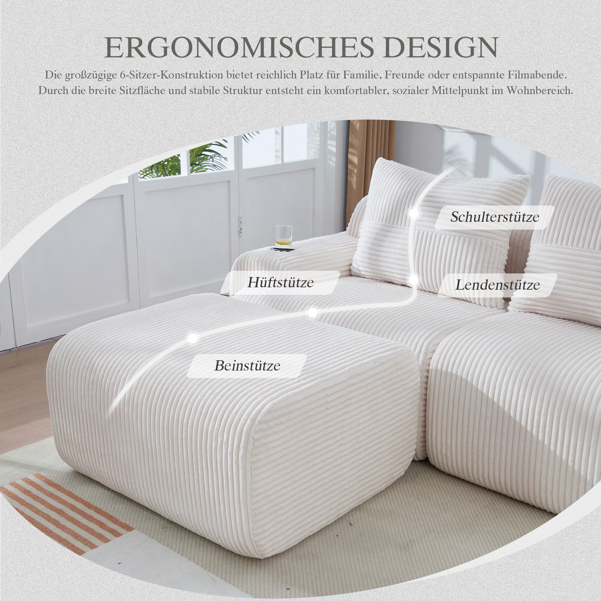 Modular Corduroy Sofa for 2 People with Ottomans, Cup Holder and Side Pocket, Beige - Image 3