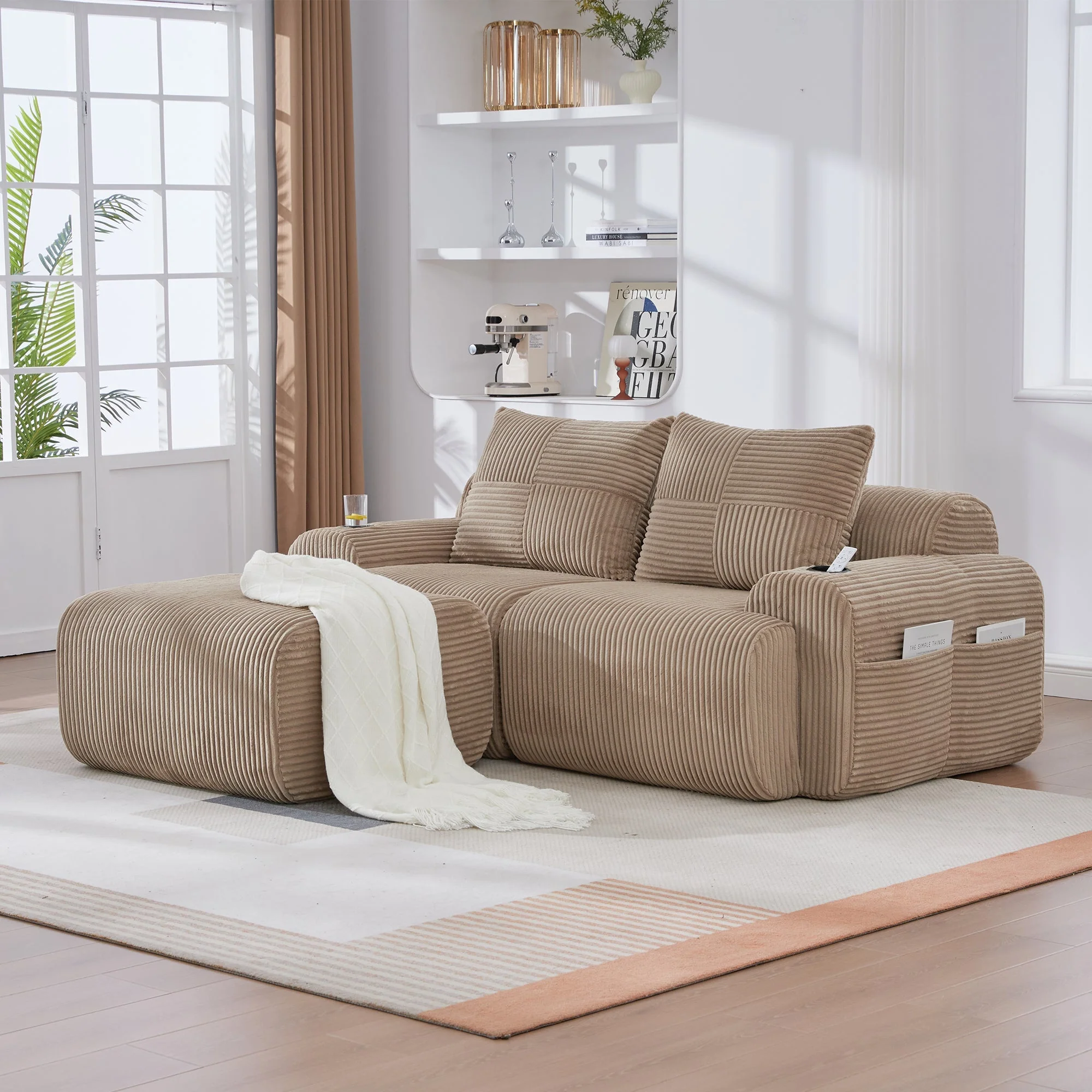 Modular Corduroy Sofa with Ottomans, Cup Holder and Side Pocket, Khaki - Image 8