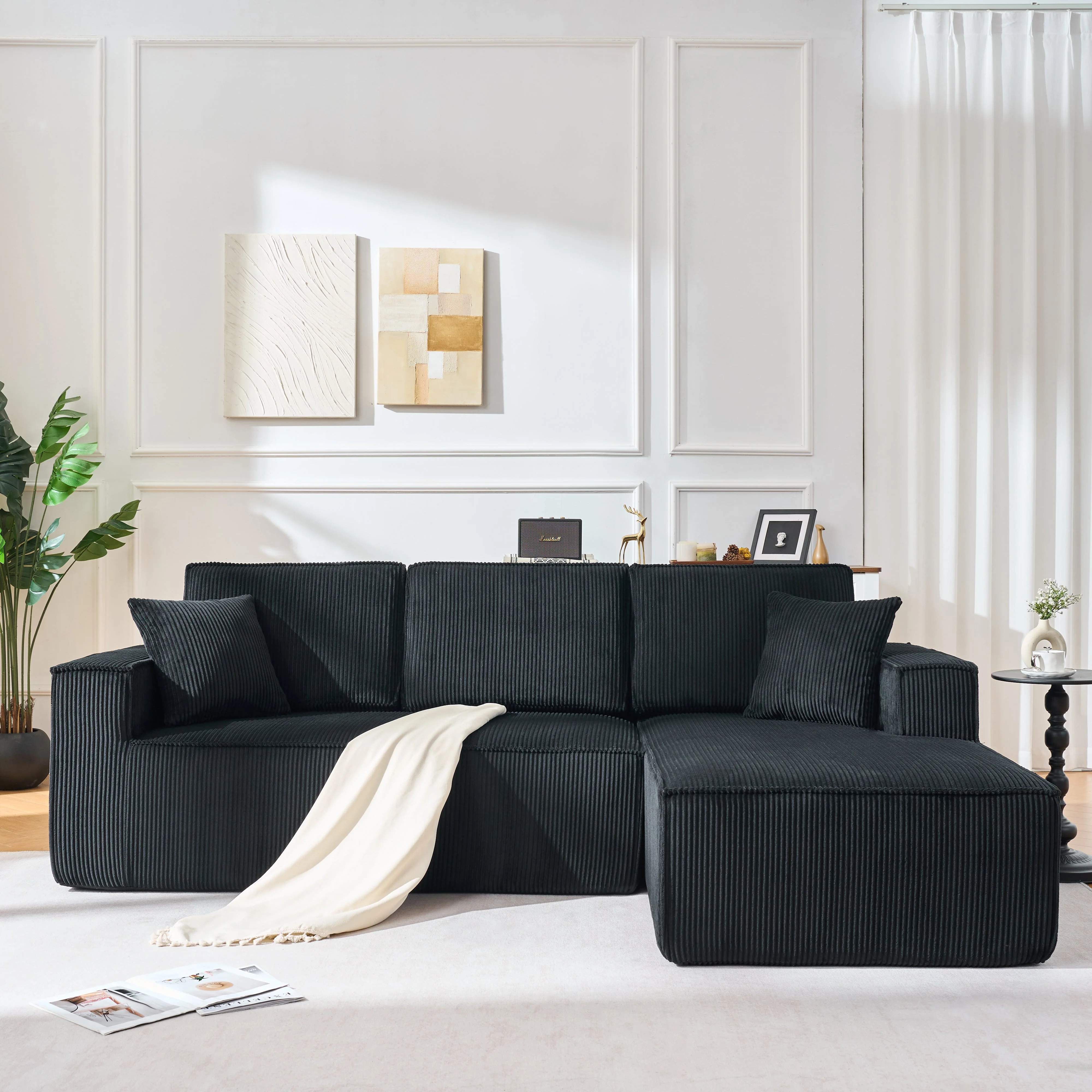 Modular Corner Sofa L-shaped Chaise Lounge High-Density Foam Corduroy Black - Image 10