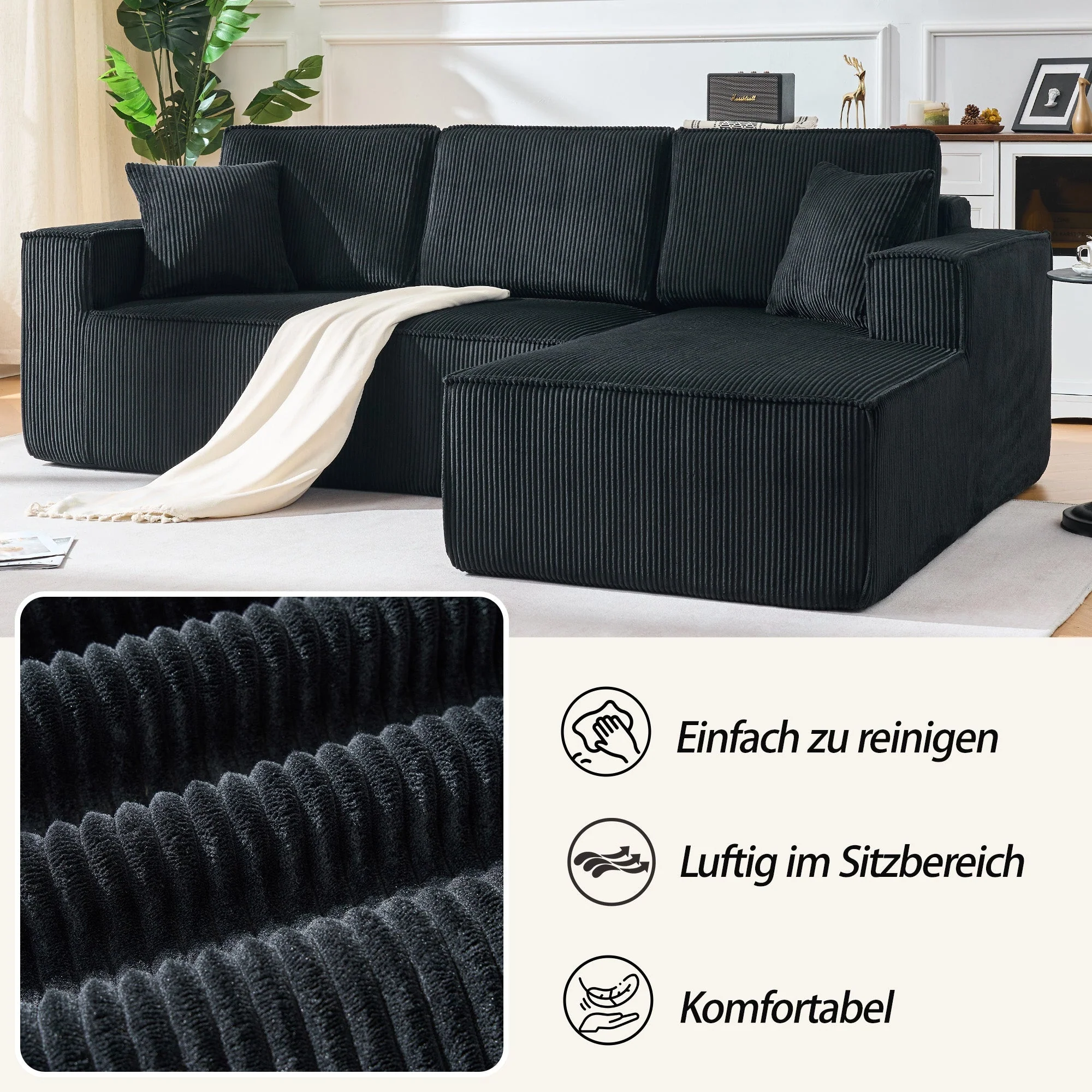 Modular Corner Sofa L-shaped Chaise Lounge High-Density Foam Corduroy Black - Image 4
