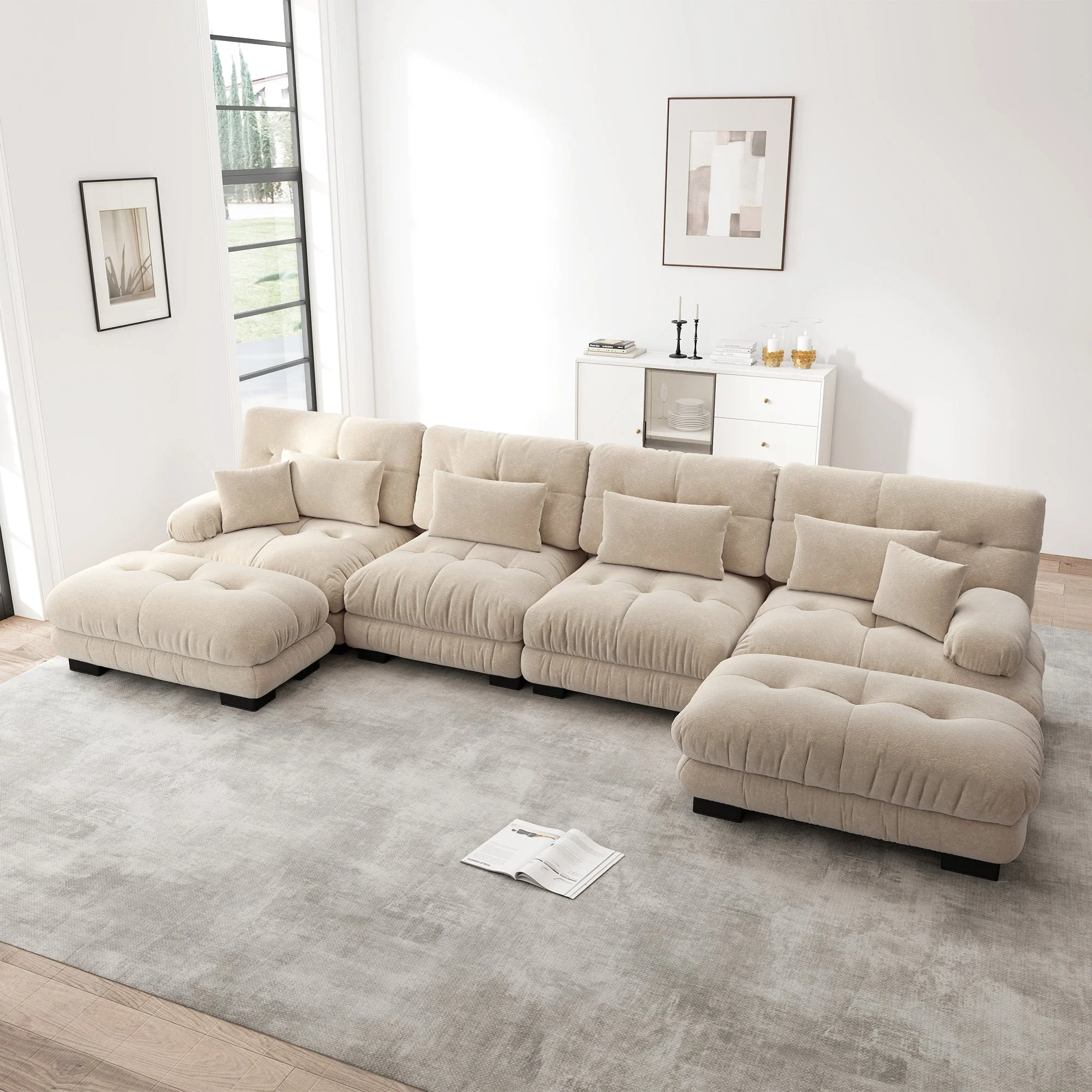 Modular Corner Sofa, U-Shaped 4-Seater with Movable Ottoman, DIY Combination, Chenille Light Brown - Image 2