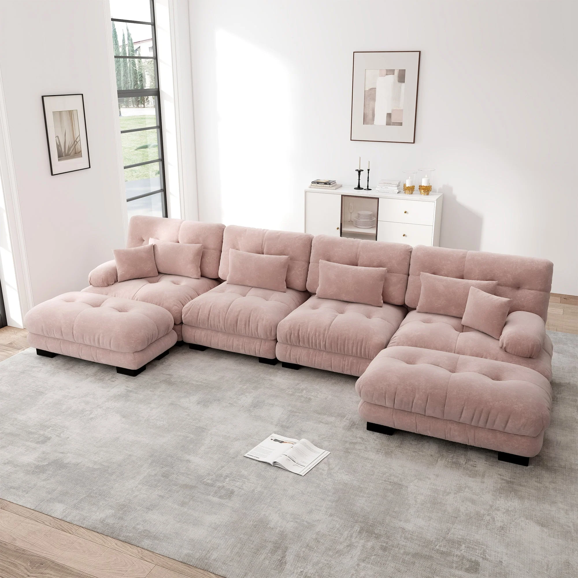 Modular Corner Sofa, U-shaped 4-Seater with Movable Ottoman, Pink Chenille - Image 3