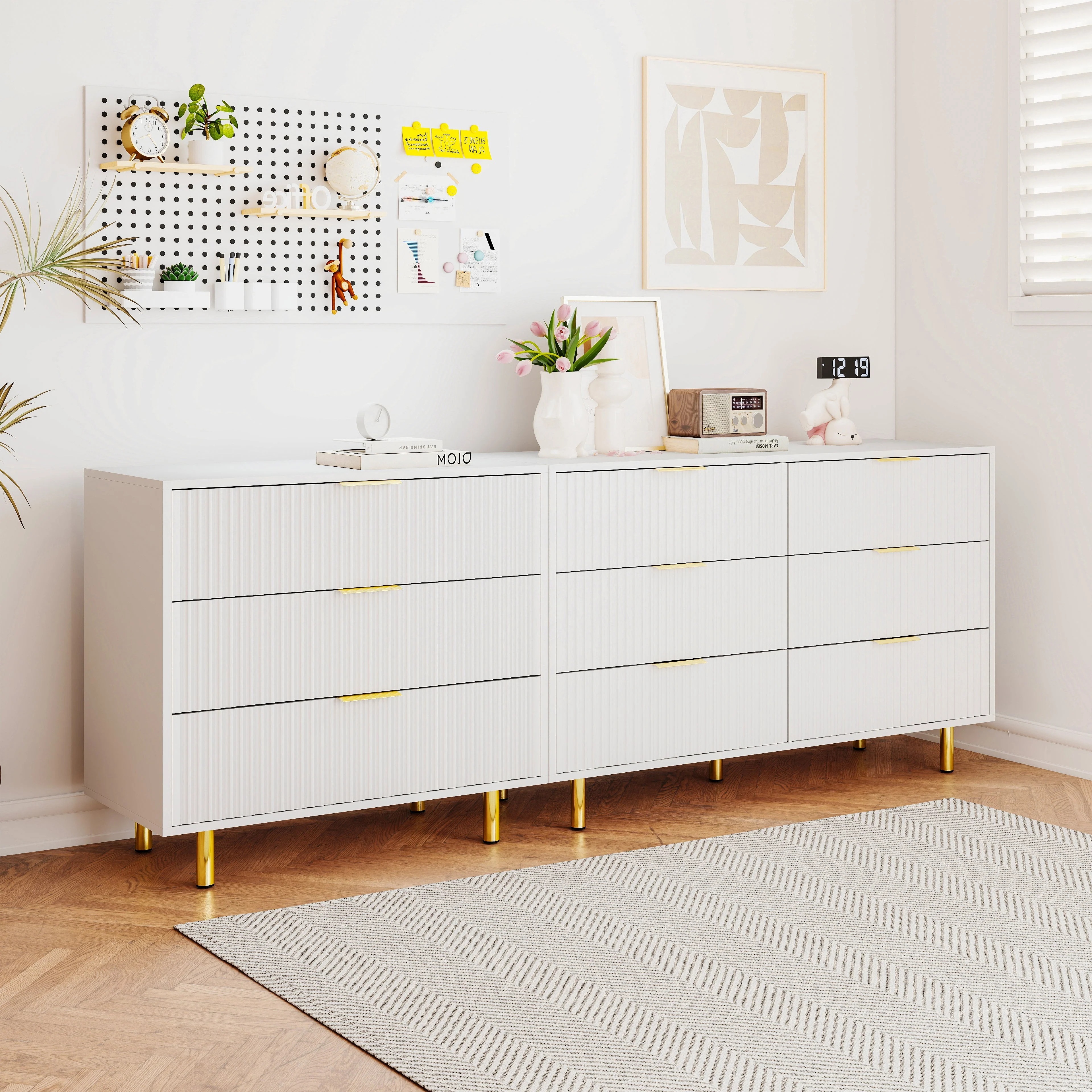 Modular Drawer Unit with 9 Drawers and Modern Sideboard Set, White and Gold