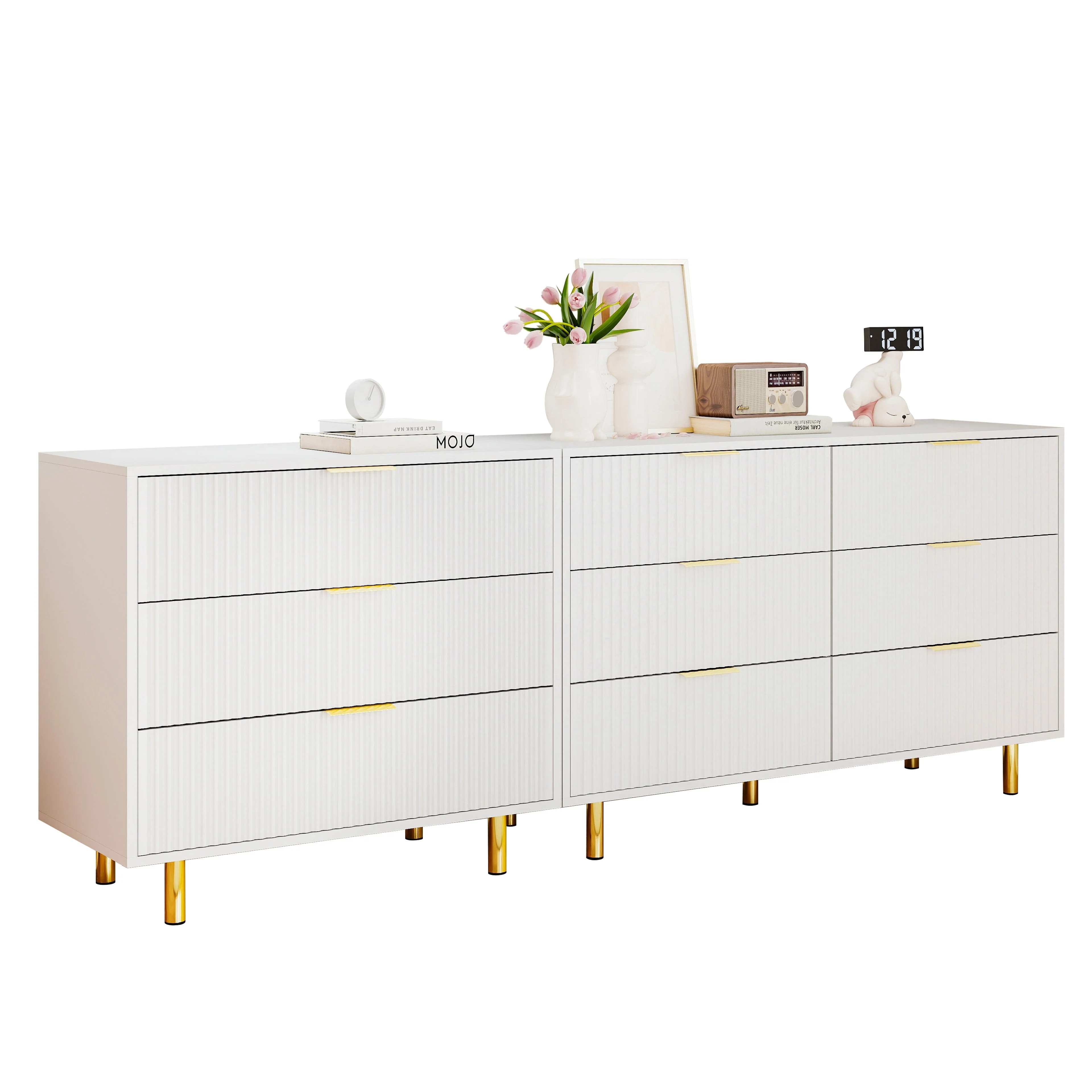 Modular Drawer Unit with 9 Drawers and Modern Sideboard Set, White and Gold - Image 3