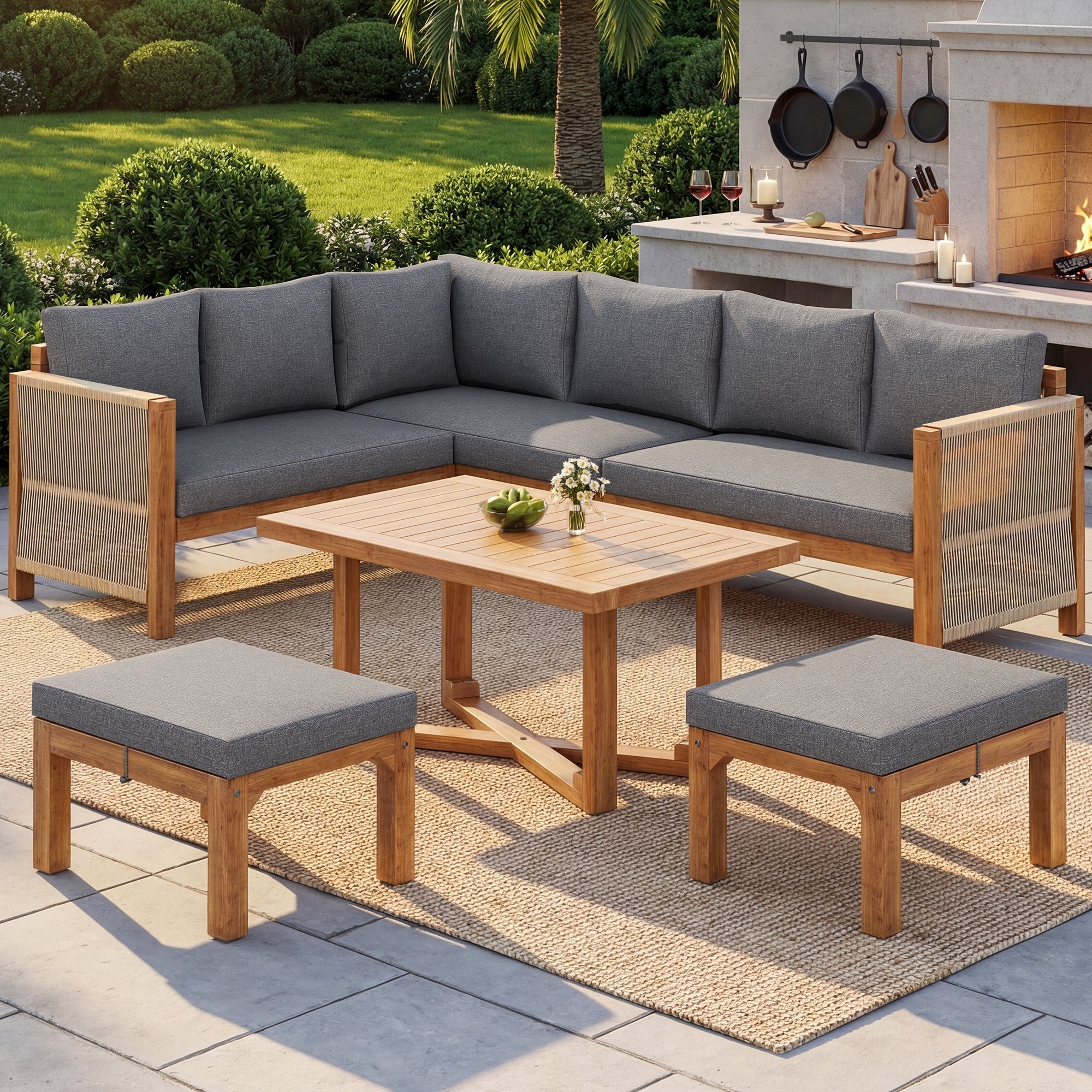 Modular Garden Furniture Set, 6-Seater Corner Sofa with 2 Stools and Table, Acacia Wood - Image 8