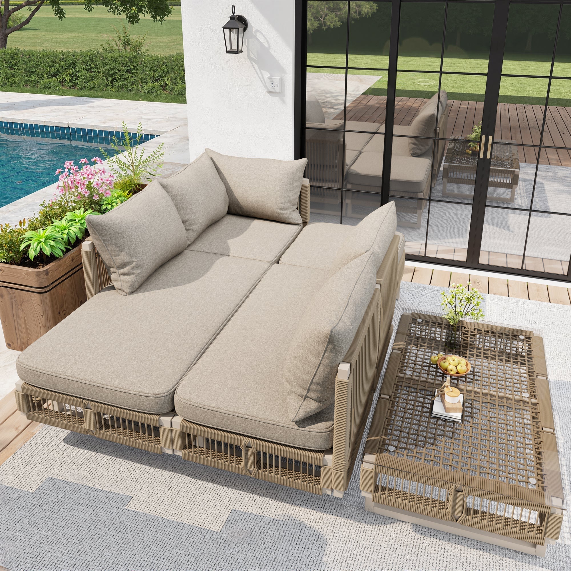 Modular Garden Furniture Set with 10cm Thick Cushions and Glass Coffee Table, Rope Weave, Beige/Green - Image 6