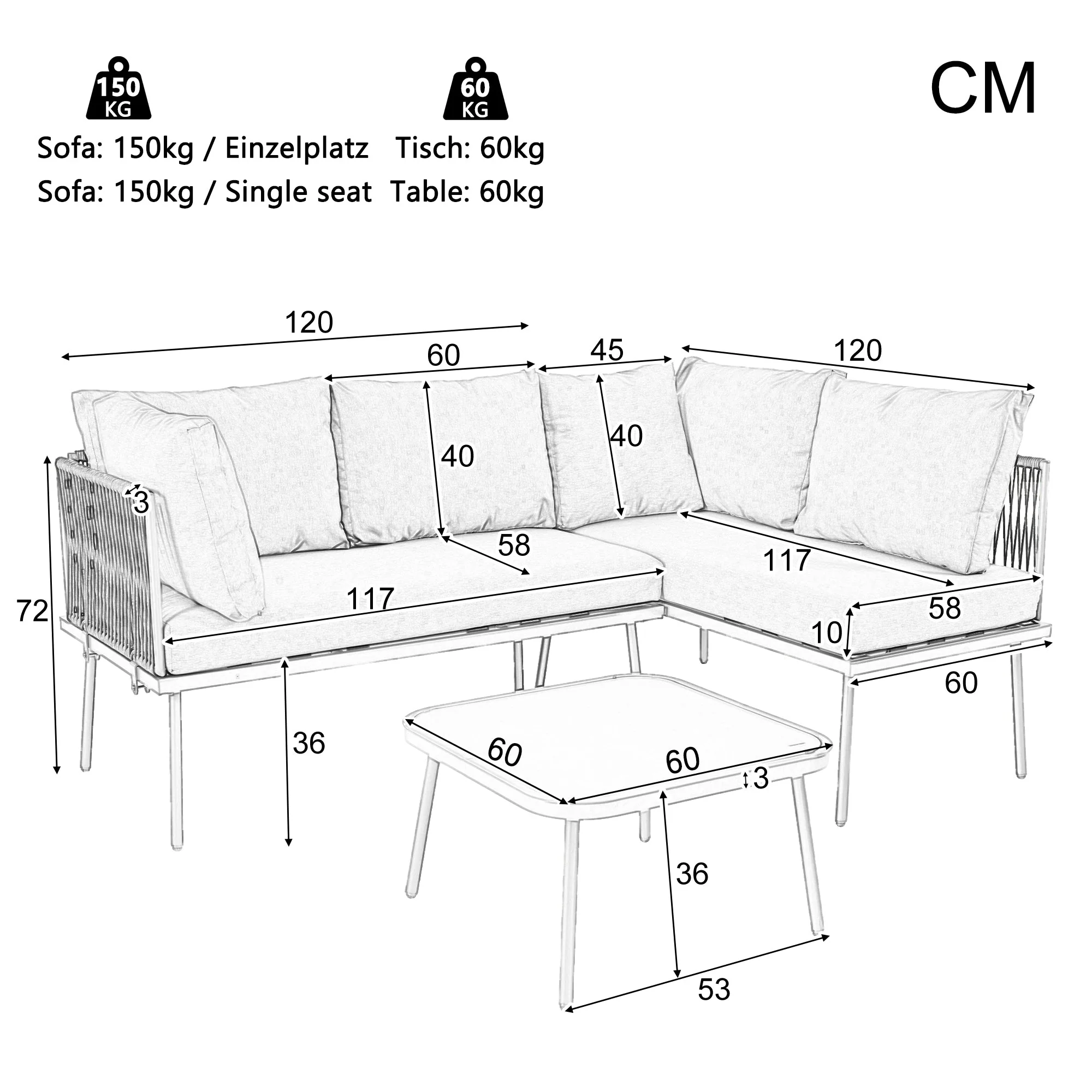 Modular Garden Furniture Set with Rocking Chairs, Corner Sofa and Side Table, Rope Weave - Image 3