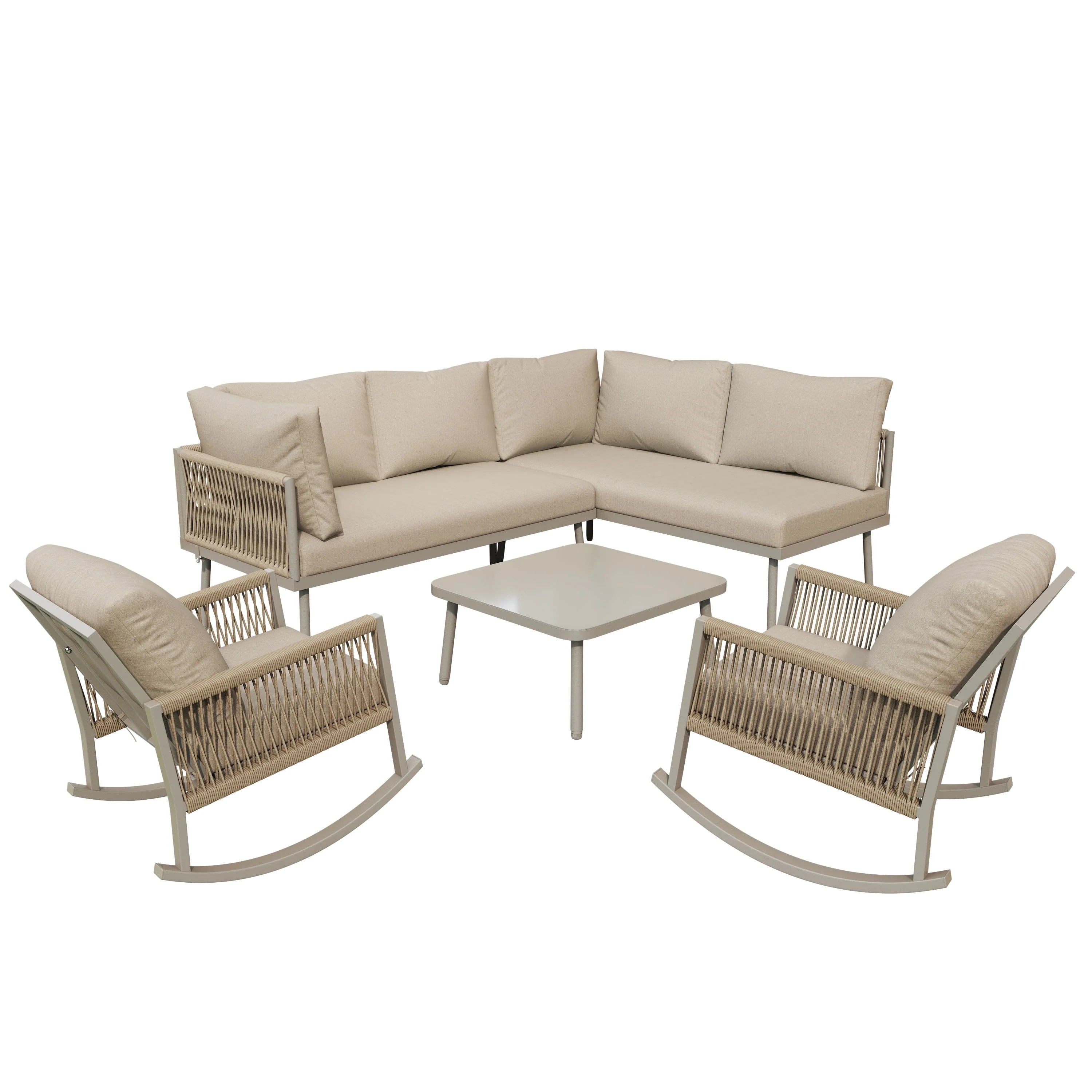 Modular Garden Furniture Set with Rocking Chairs, Corner Sofa and Side Table, Rope Weave - Image 6