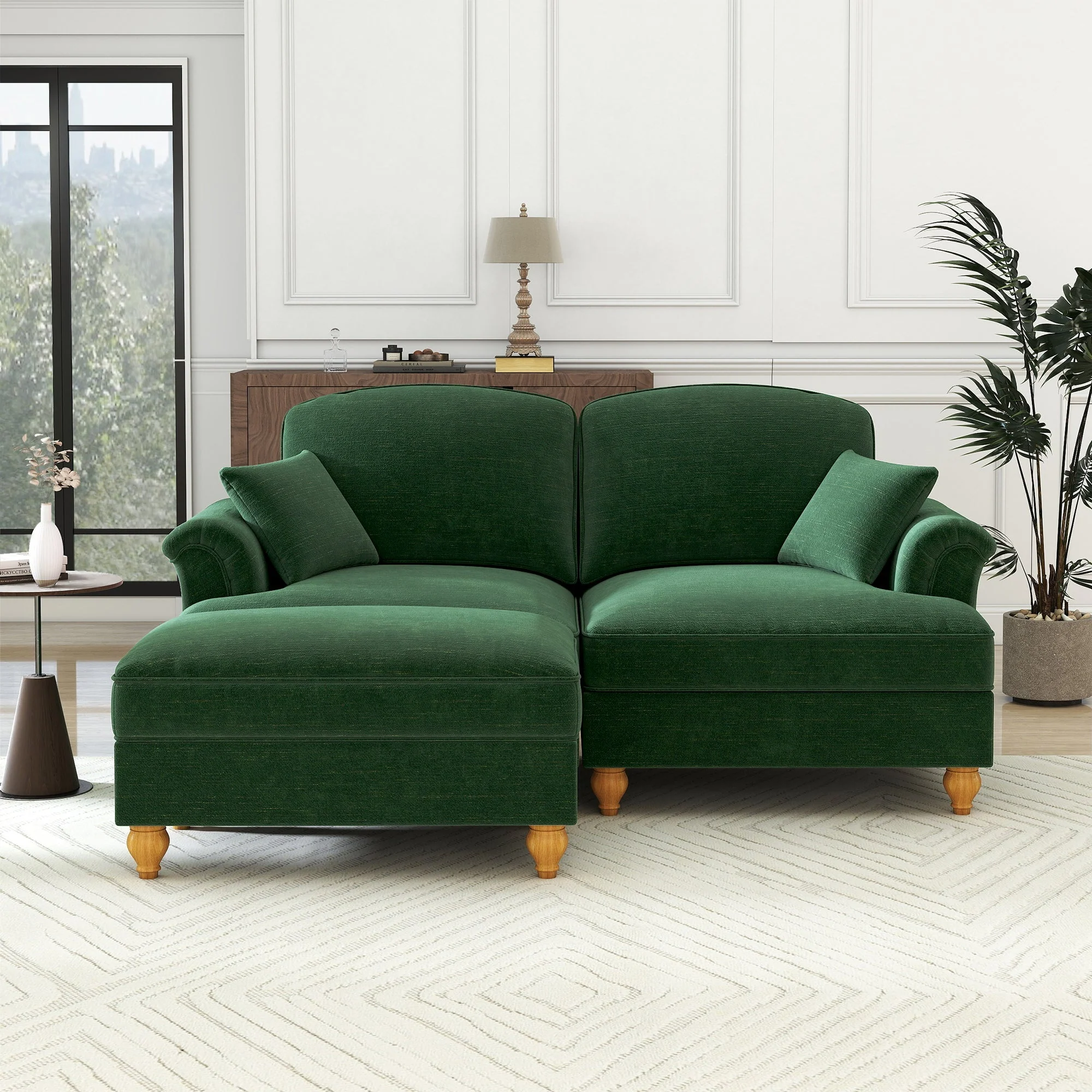 Modular L-Shaped 2-Seater Sofa Mid-Century with Ottoman - Chenille Green - Image 3