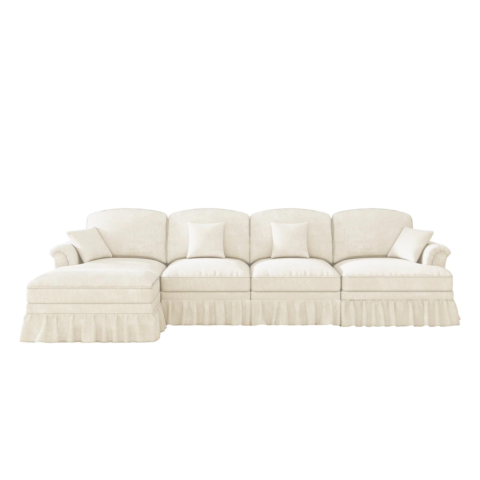 Modular L-Shaped 4-Seater Sofa with Movable Ottoman, Ruffled Apron, Spindle Legs Chenille White - Image 10