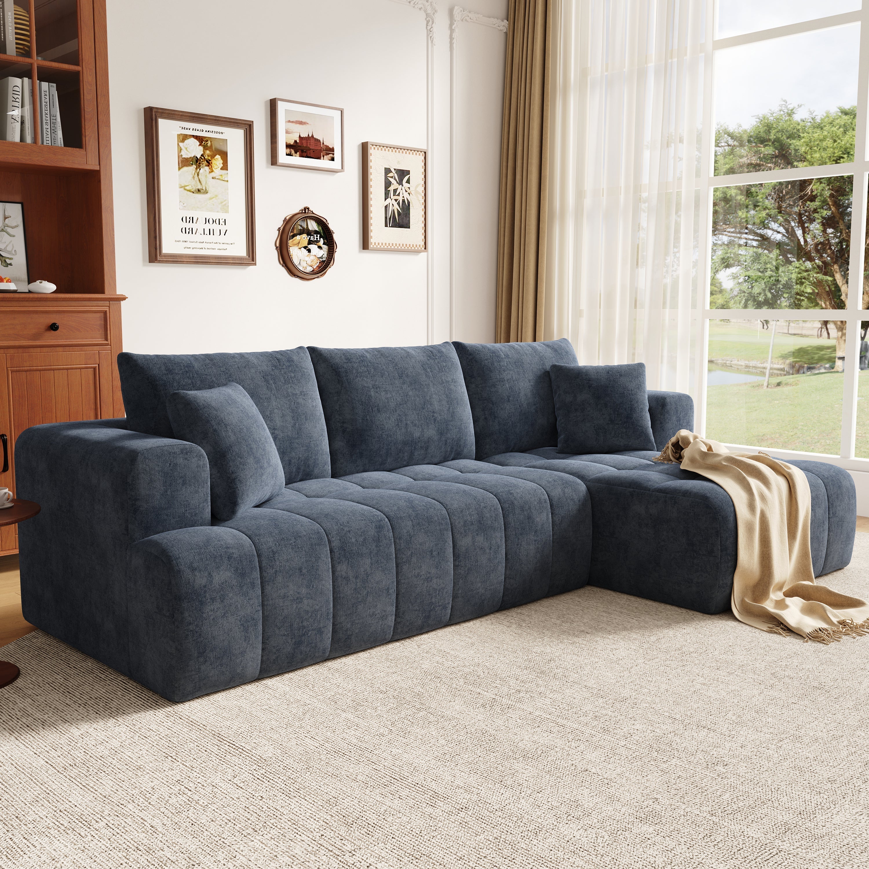 Modular L-shaped Corner Cloud Sofa, Frameless and Freely Combinable, Blue Chenille - Image 3