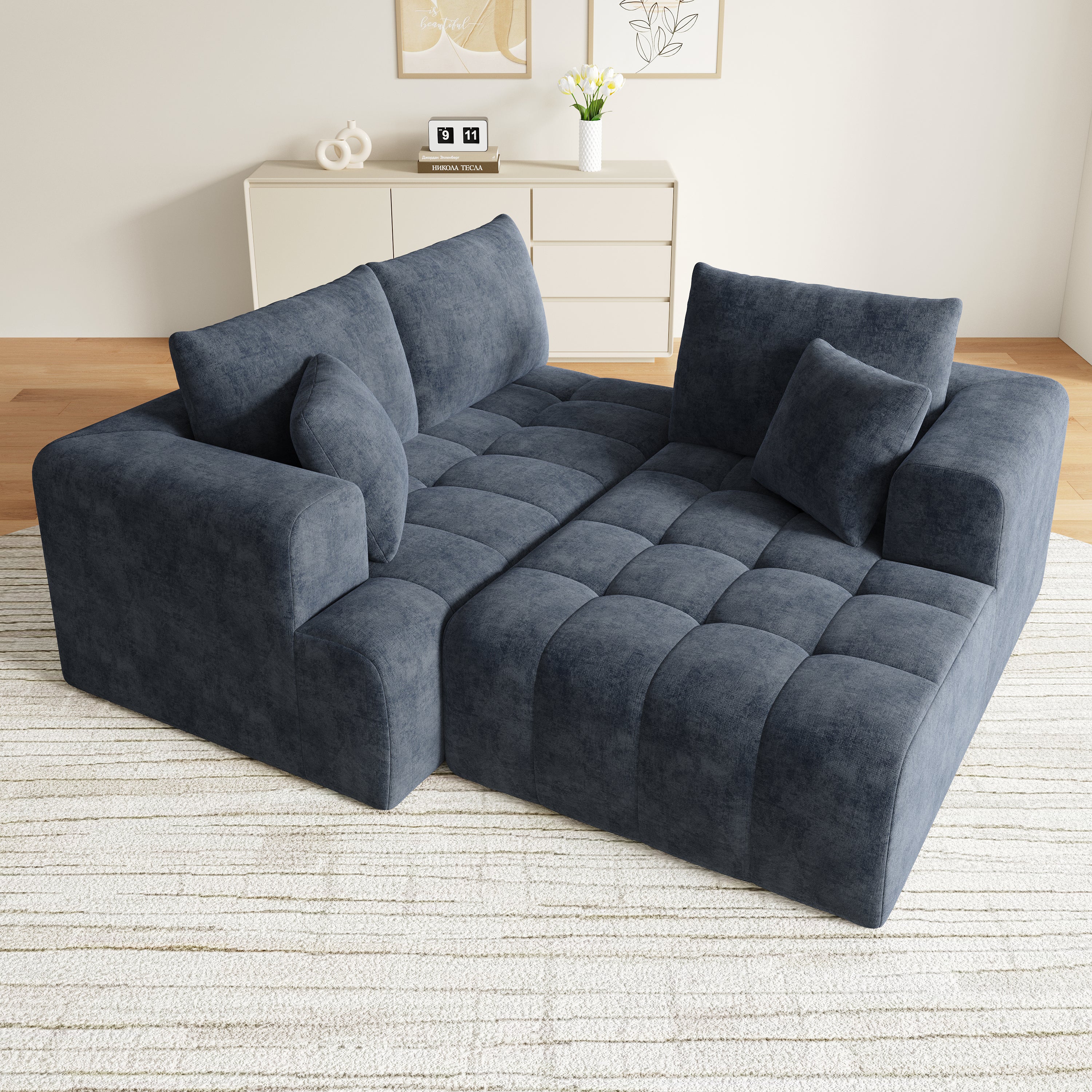 Modular L-shaped Corner Cloud Sofa, Frameless and Freely Combinable, Blue Chenille - Image 4