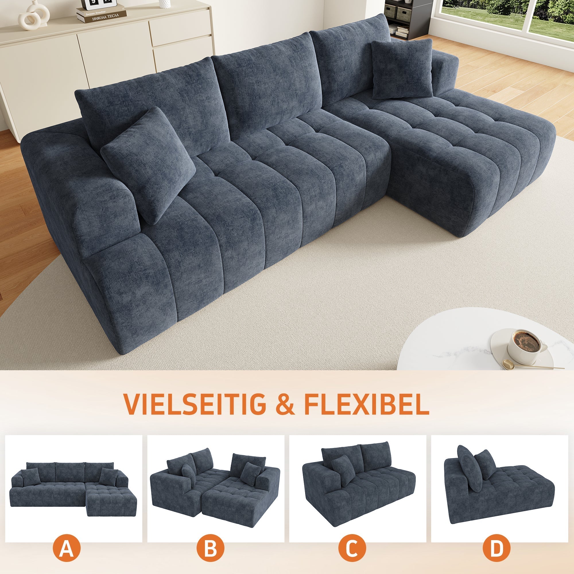 Modular L-shaped Corner Cloud Sofa, Frameless and Freely Combinable, Blue Chenille - Image 6