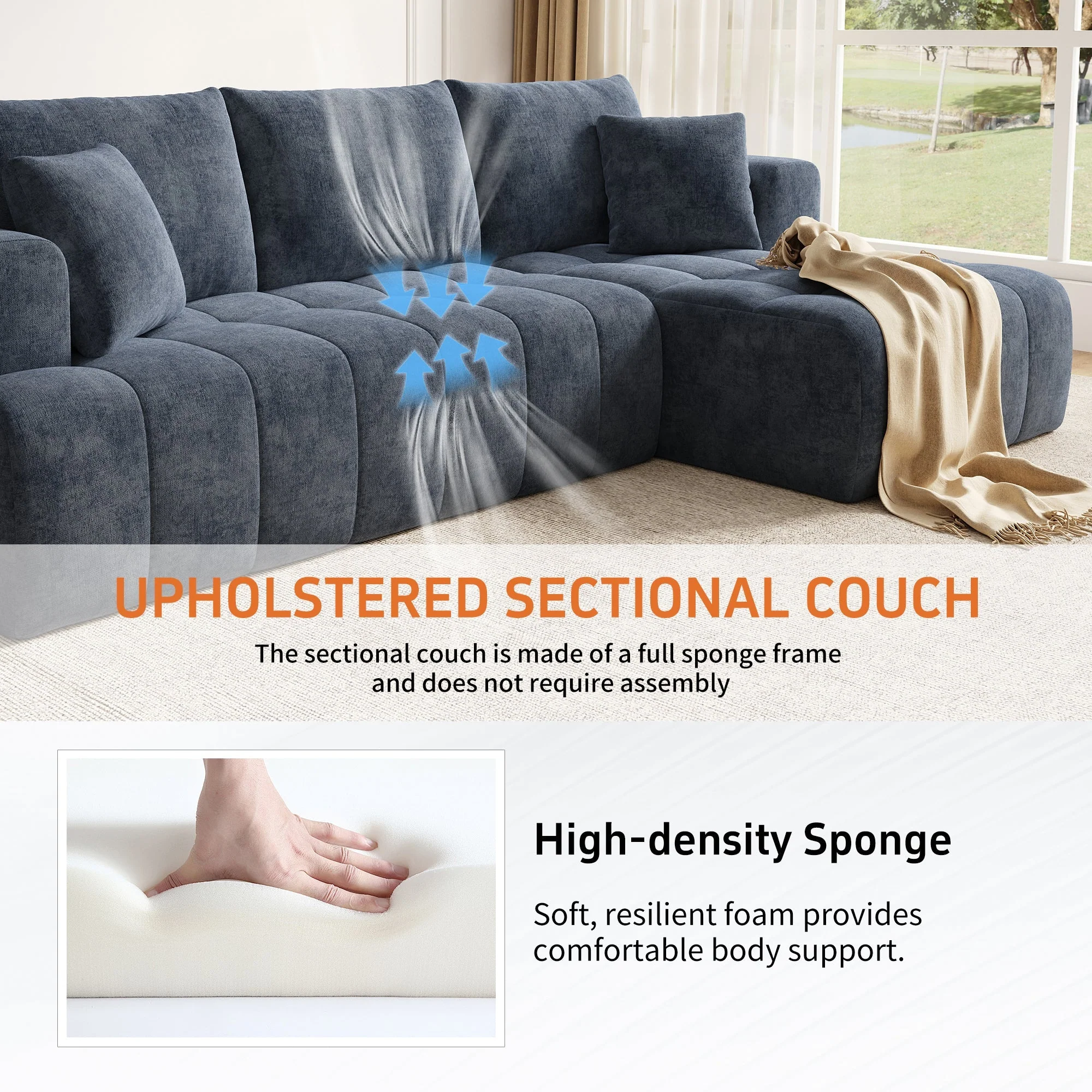 Modular L-shaped Corner Cloud Sofa, Frameless and Freely Combinable, Blue Chenille - Image 7
