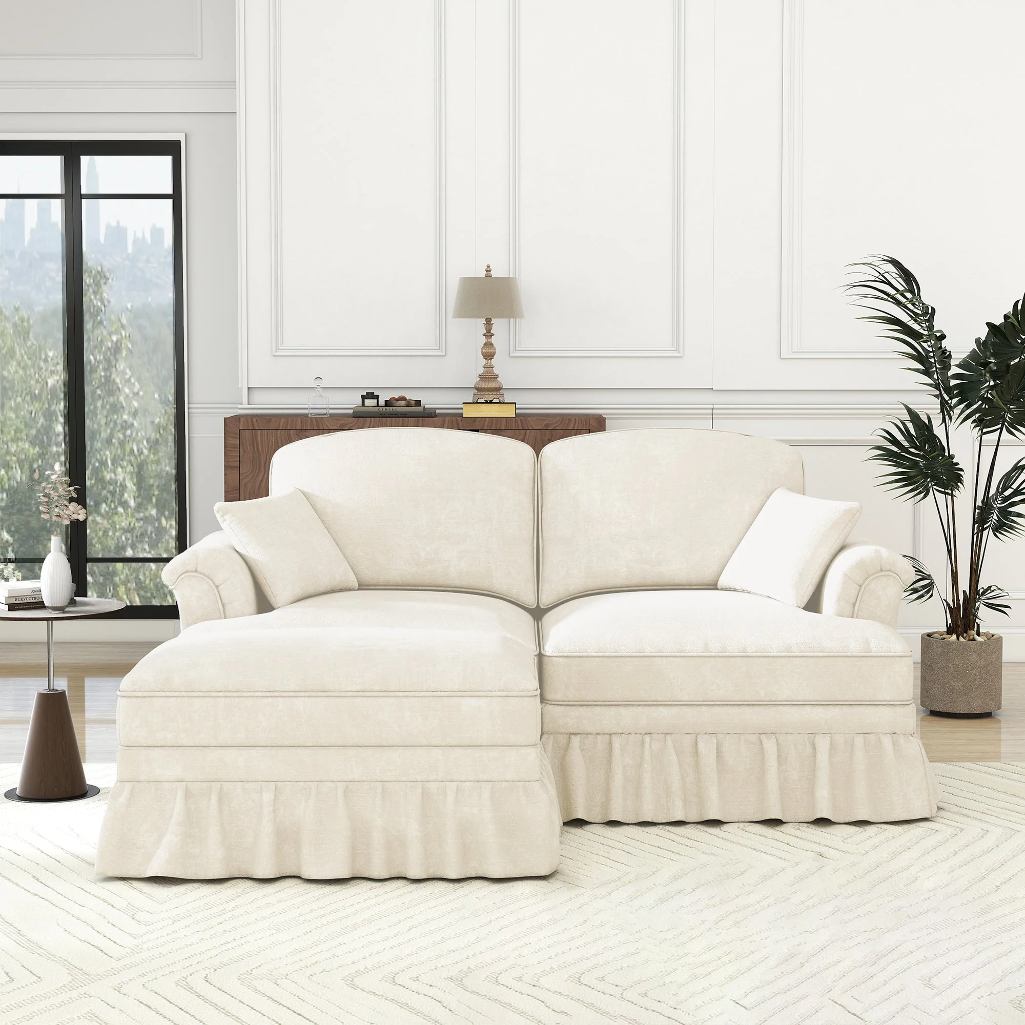 Modular L-Shaped Sofa 2-Seater Mid-Century Ottoman - White Chenille - Image 4