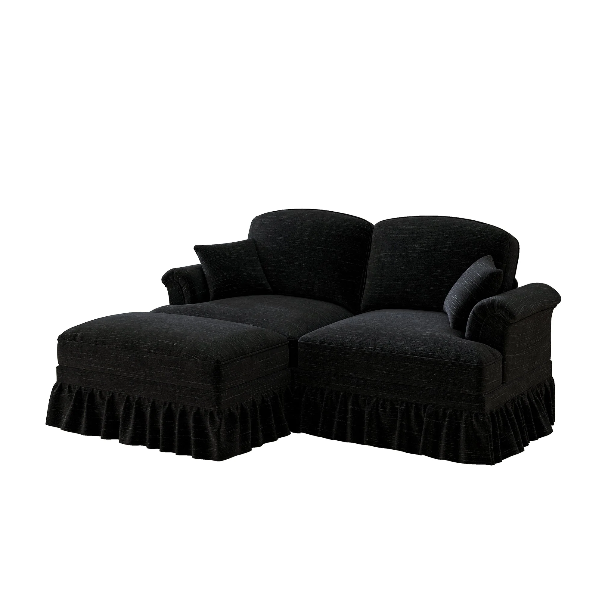 Modular L-Shaped Sofa 2-Seater Mid-Century w/ Ottoman & Ruffled Apron - Chenille Black - Image 10