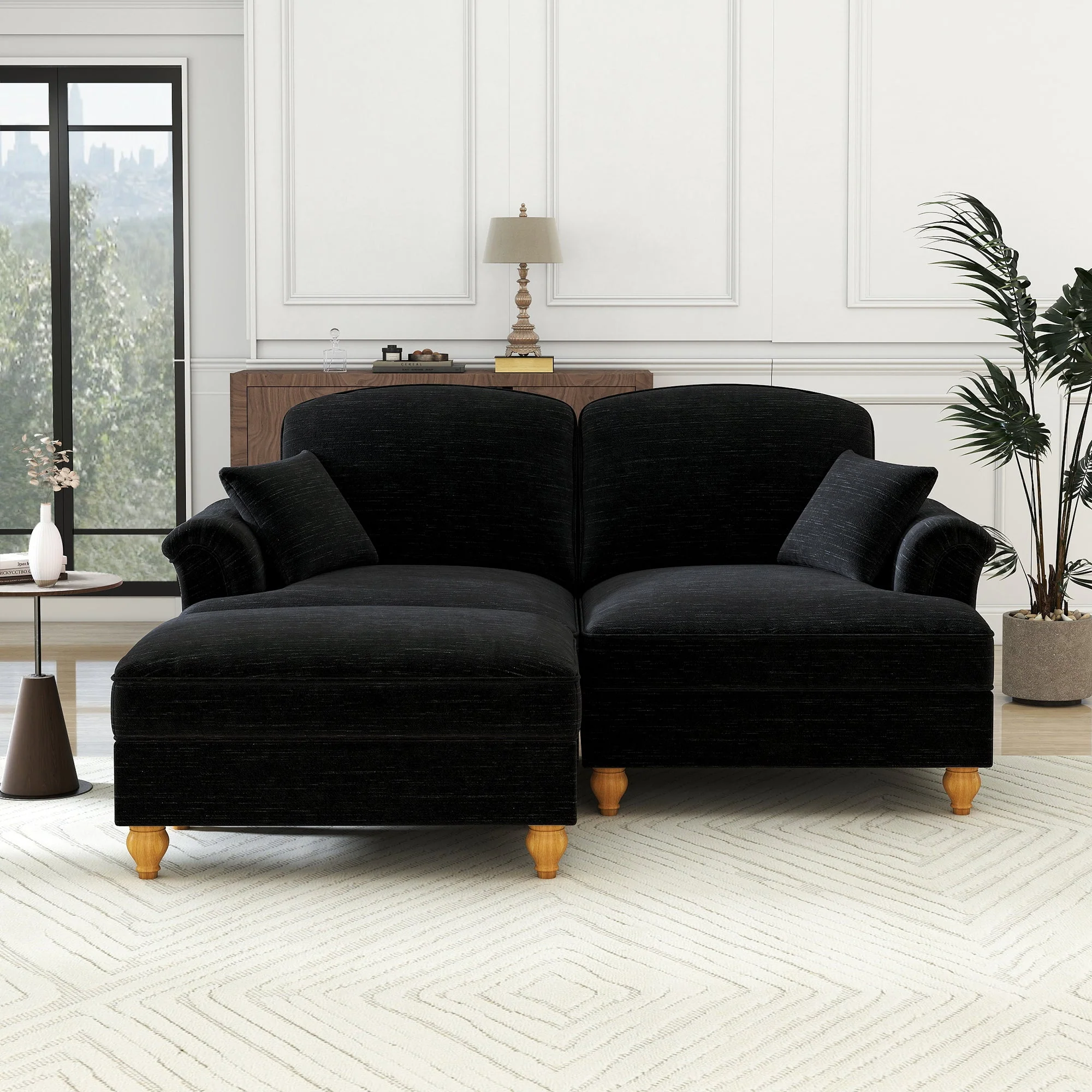 Modular L-Shaped Sofa 2-Seater Mid-Century w/ Ottoman & Ruffled Apron - Chenille Black - Image 3