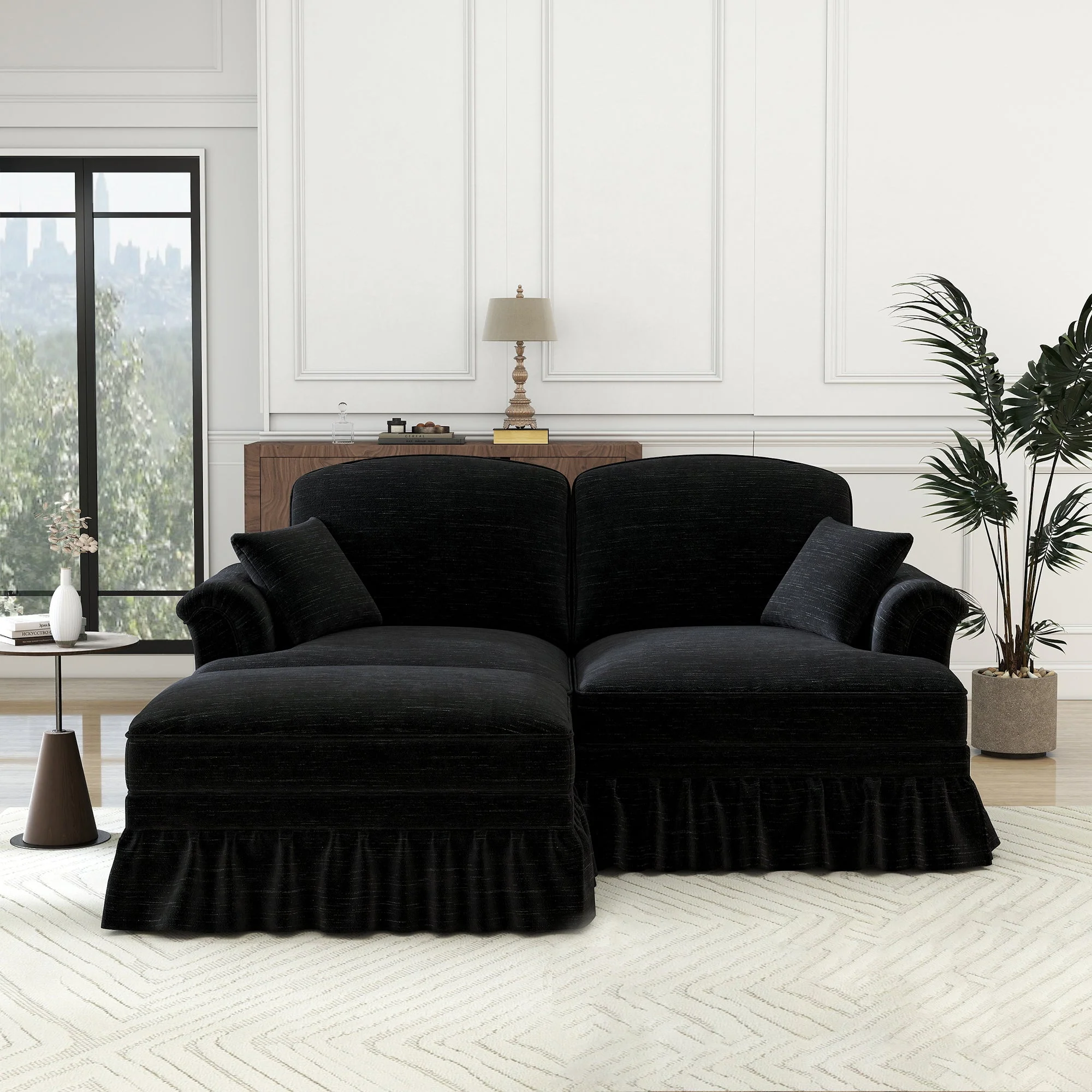 Modular L-Shaped Sofa 2-Seater Mid-Century w/ Ottoman & Ruffled Apron - Chenille Black - Image 4