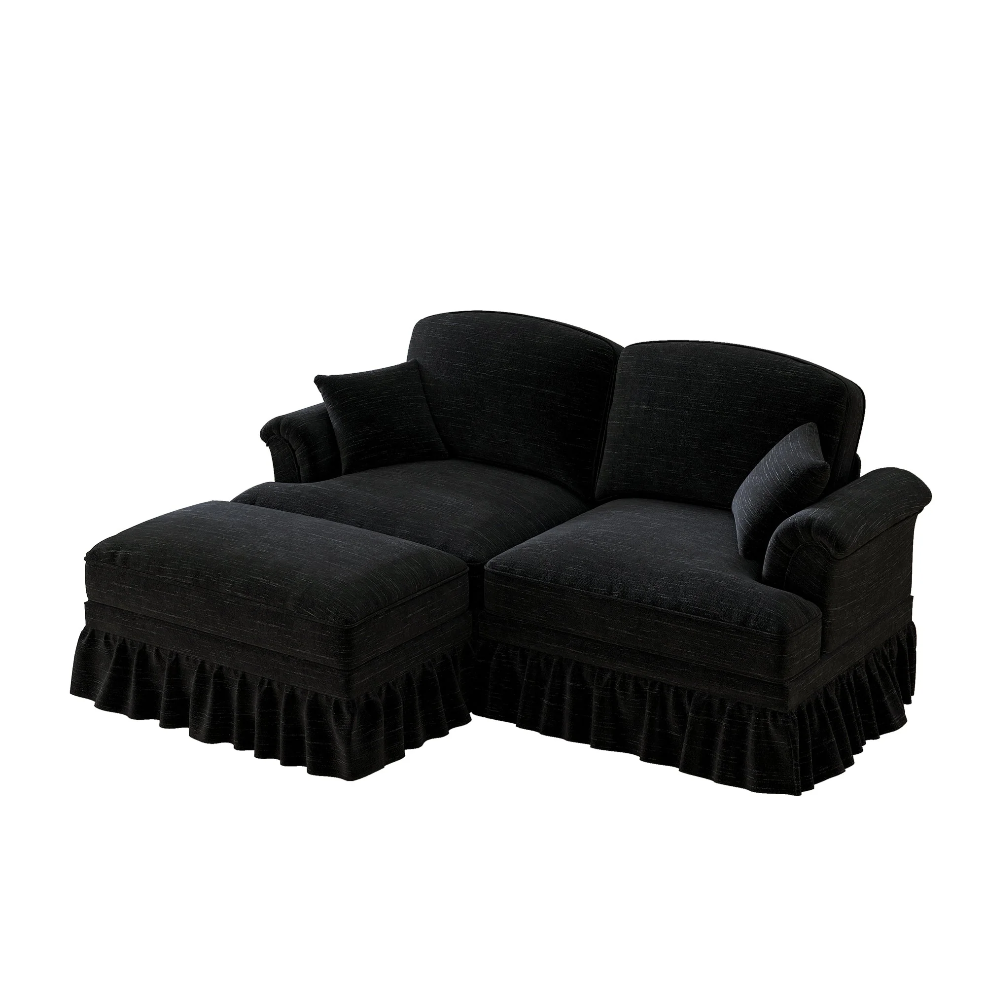 Modular L-Shaped Sofa 2-Seater Mid-Century w/ Ottoman & Ruffled Apron - Chenille Black - Image 9