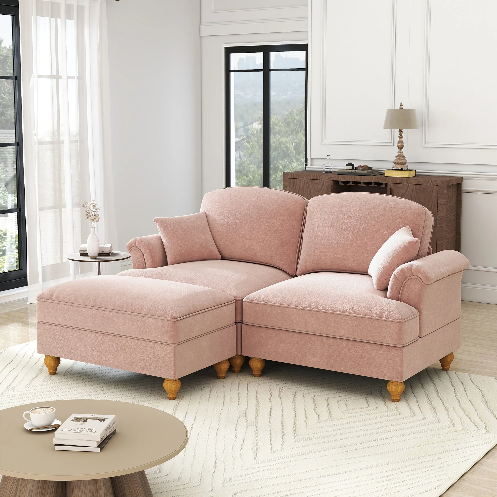 Modular L-Shaped Sofa Mid-Century 2-Seater Movable Ottoman - Pink Chenille