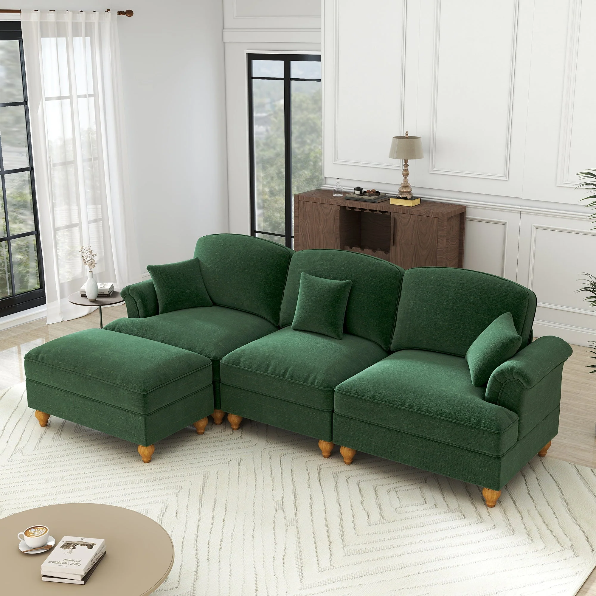 Modular L-Shaped Sofa Mid-Century 3-Seater Movable Ottoman - Green Chenille - Image 5