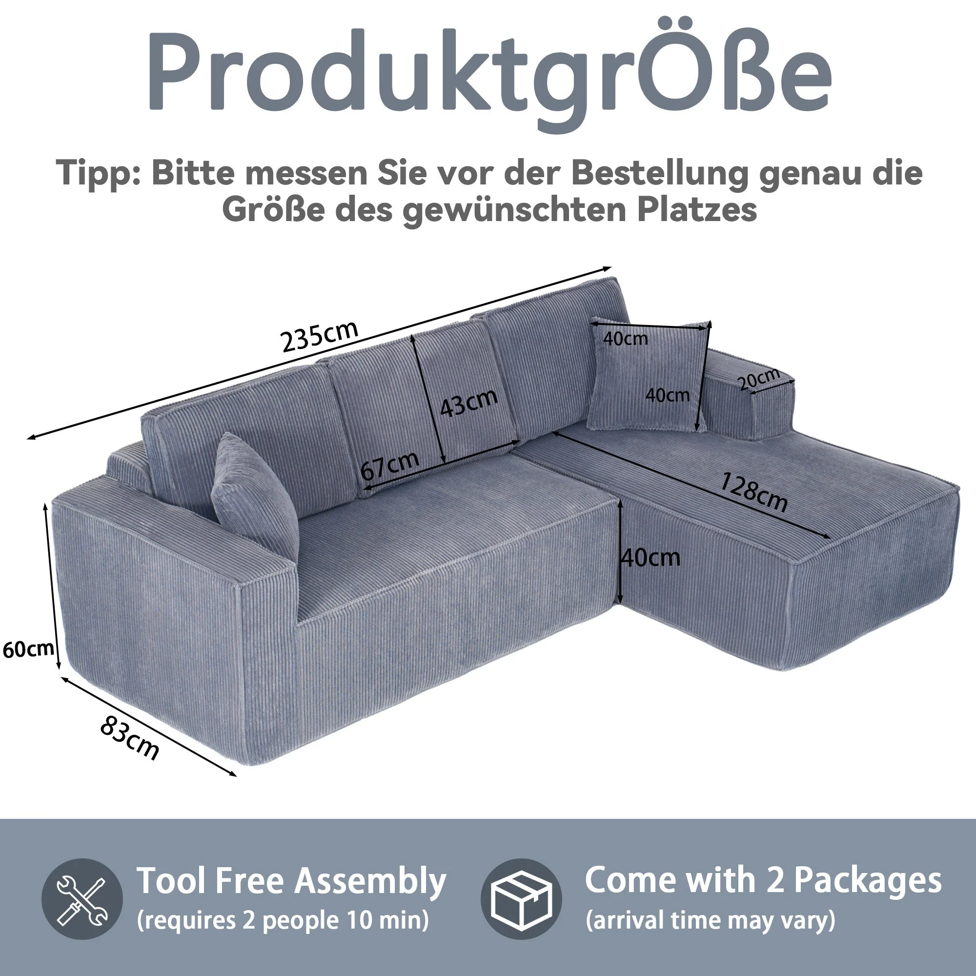 Modular L-Shaped Sofa with Chaise Longue and High-Density Foam, Gray Corduroy - Image 6