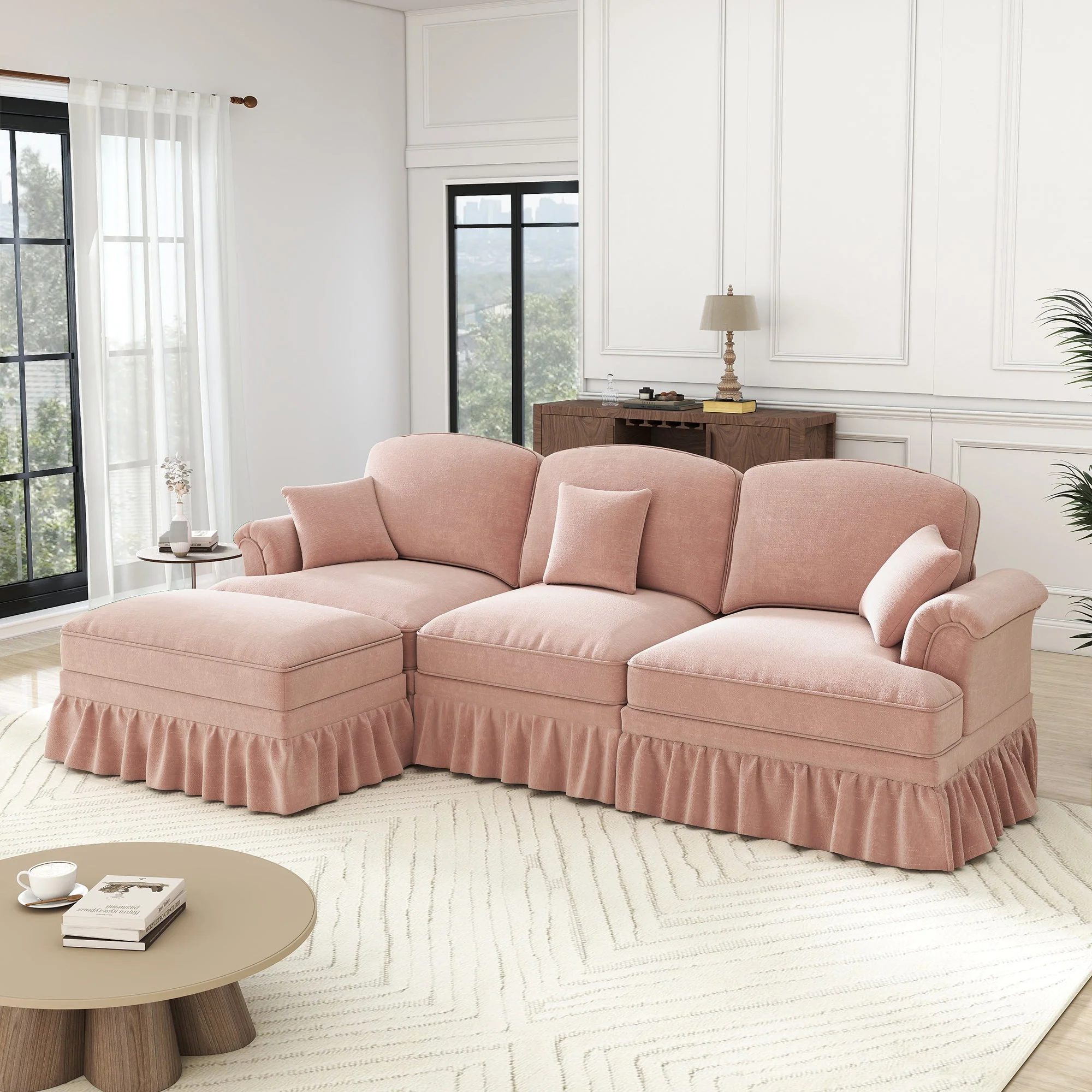 Modular Mid-Century L-Shaped 3-Seater Sofa with Ottoman - Pink Chenille - Image 2