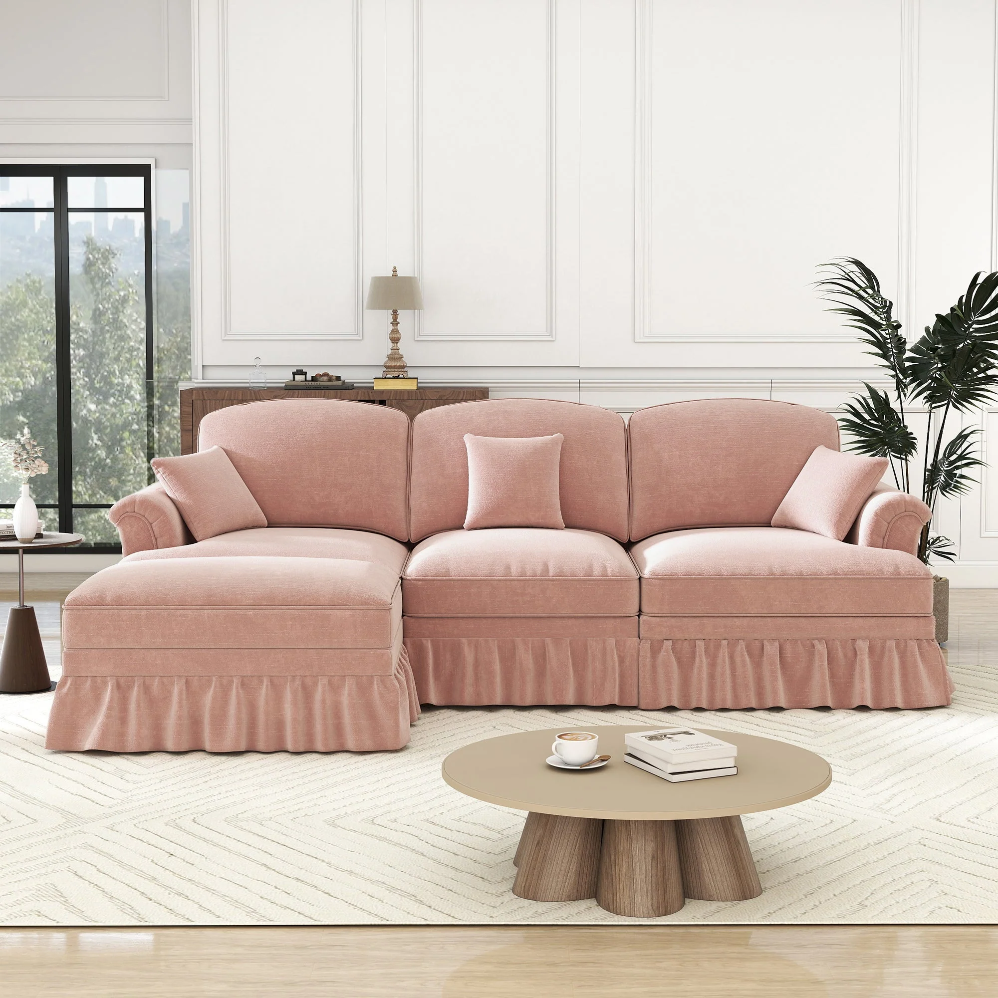 Modular Mid-Century L-Shaped 3-Seater Sofa with Ottoman - Pink Chenille - Image 4