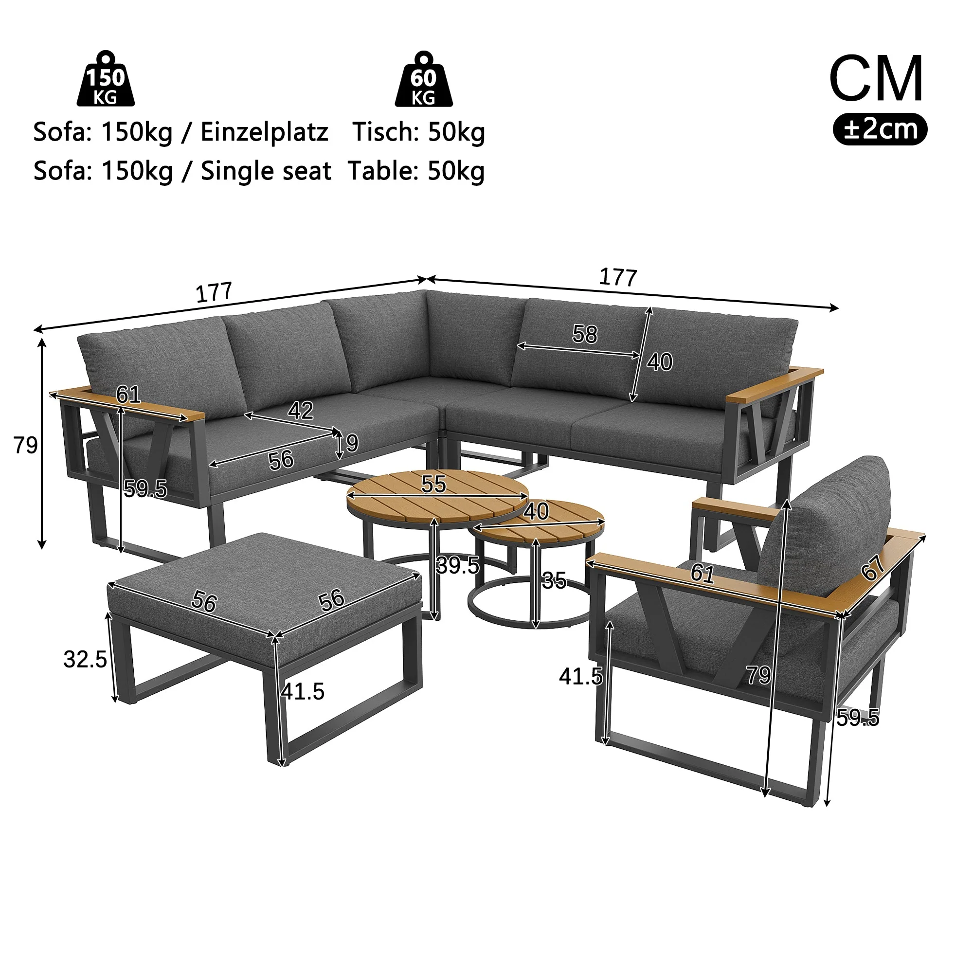 Modular Outdoor Seating Set with 9cm Cushions and 2 Wooden Tables, Grey/Beige - Image 7