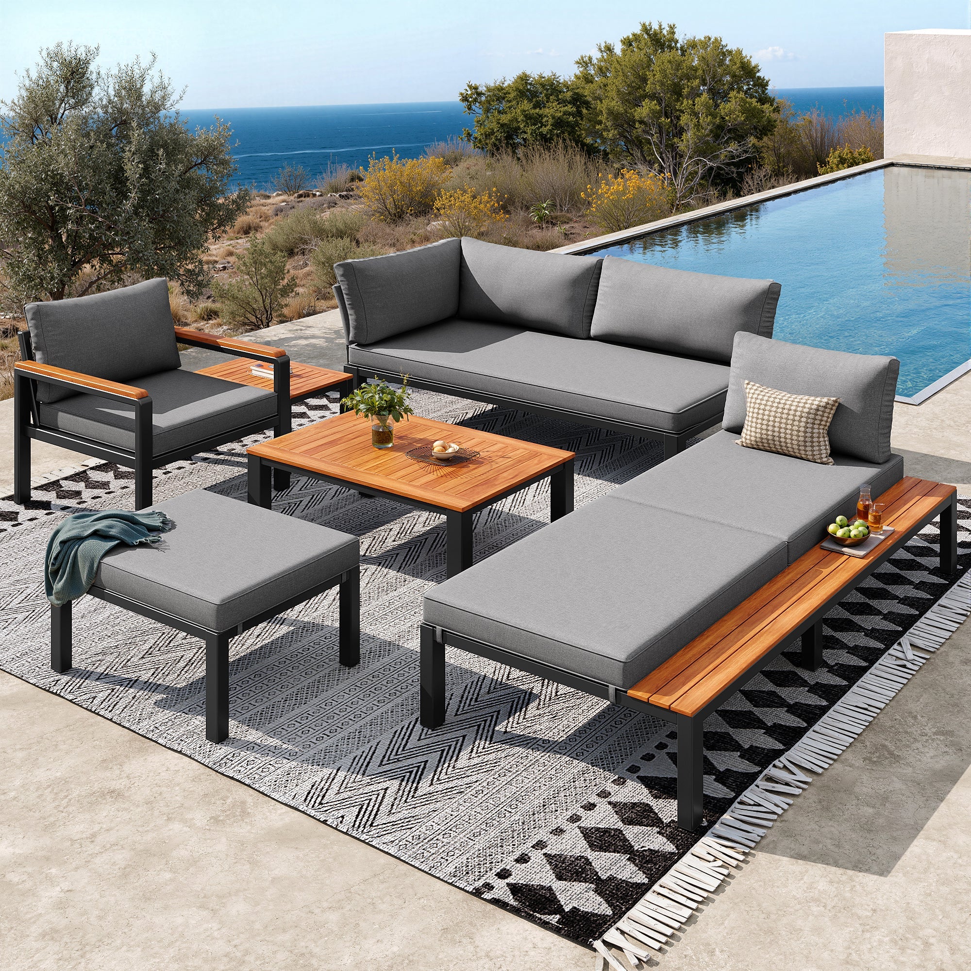 Modular Outdoor Seating Set with Metal Frame and Wooden Tables, Grey - Image 4