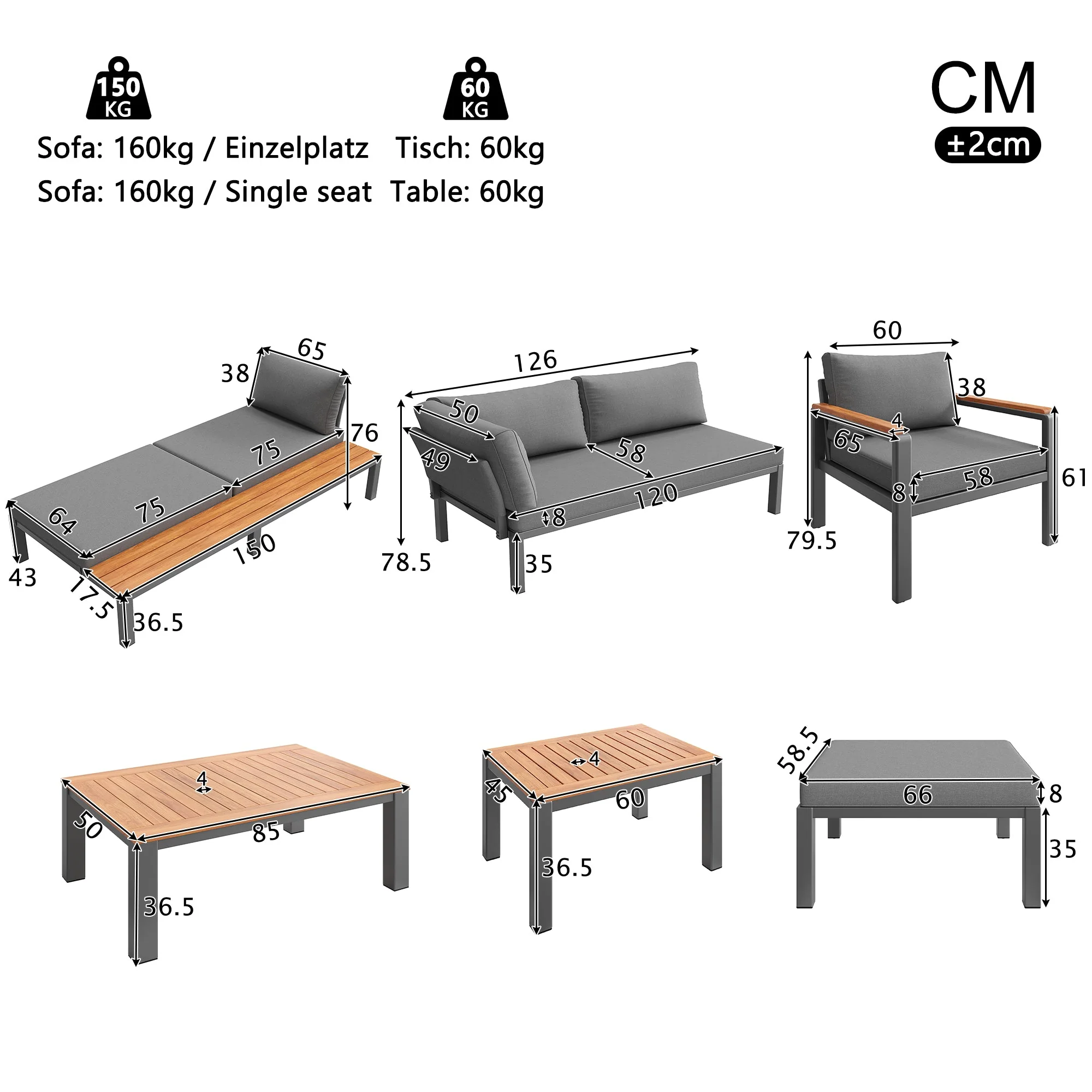 Modular Outdoor Seating Set with Metal Frame and Wooden Tables, Grey - Image 5