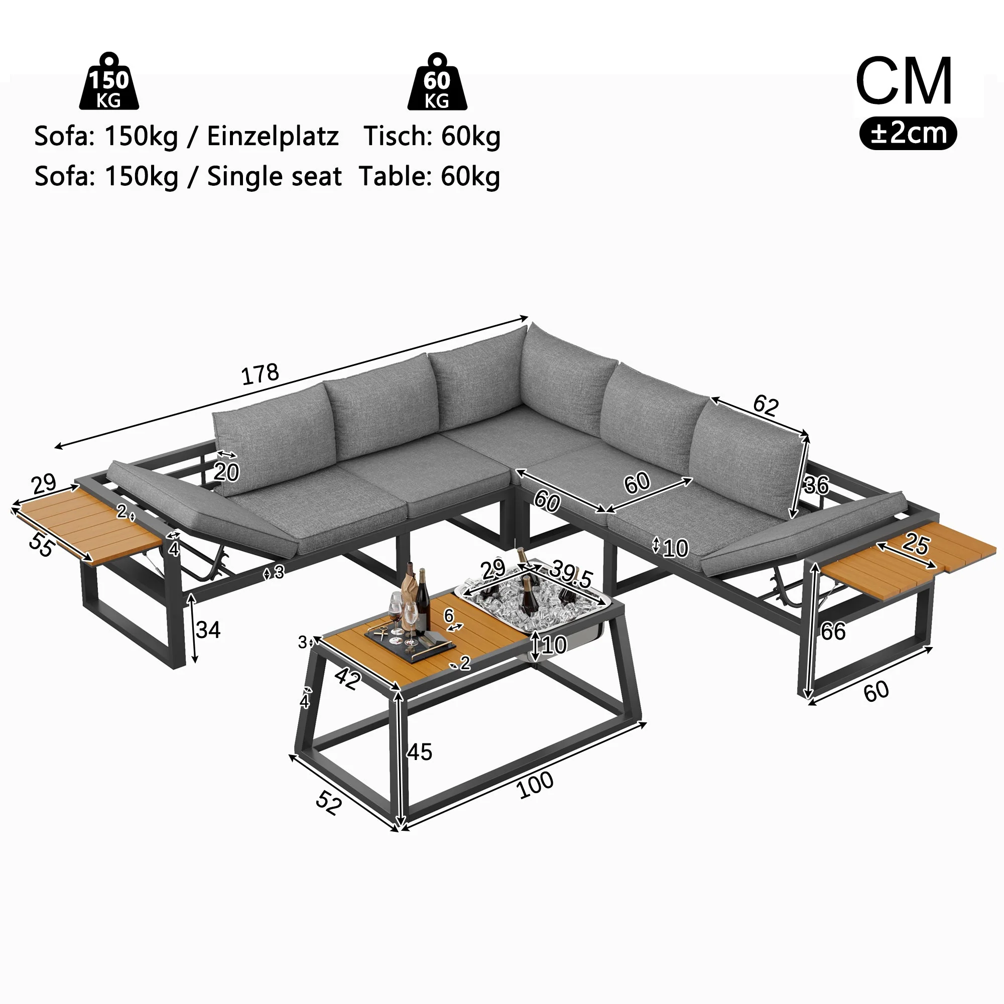 Modular Outdoor Sofa Set with Adjustable Backrest and Metal Ice Bucket, Grey/Beige - Image 10