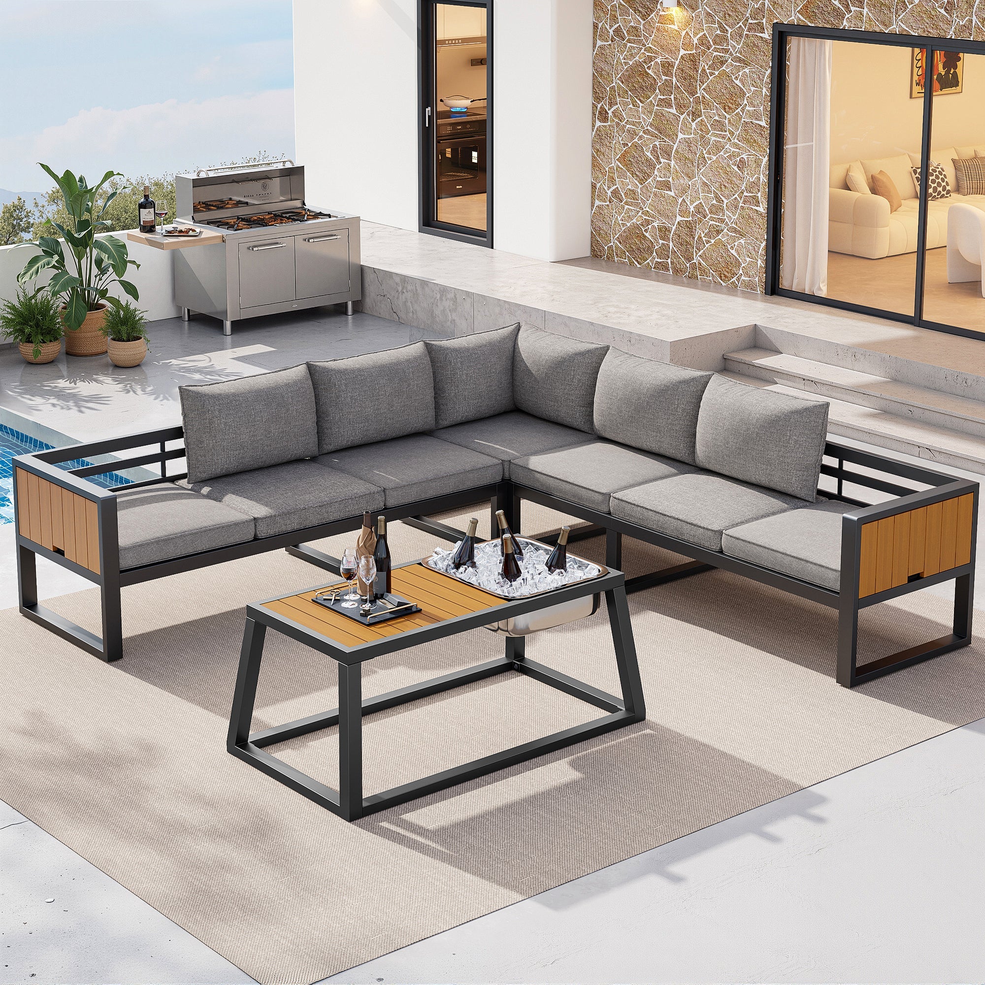 Modular Outdoor Sofa Set with Adjustable Backrest and Metal Ice Bucket, Grey/Beige - Image 4