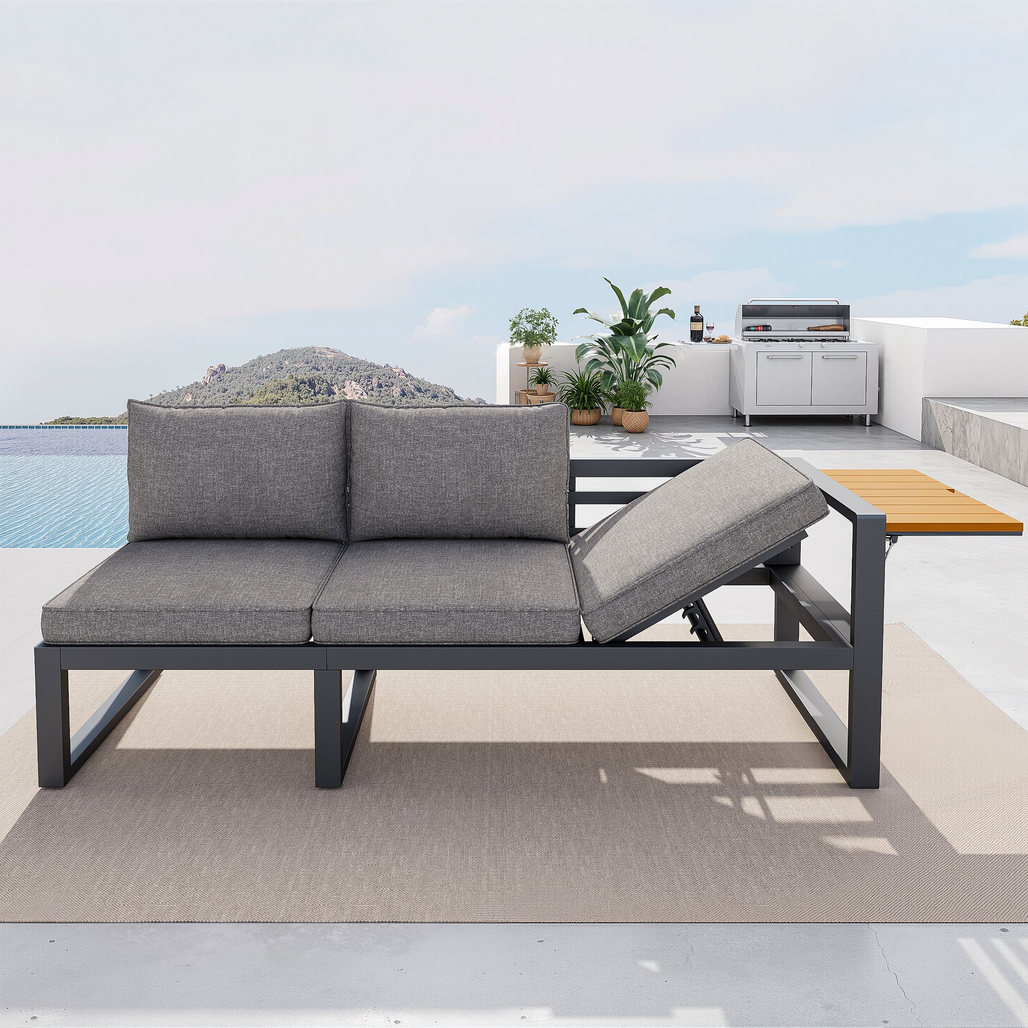 Modular Outdoor Sofa Set with Adjustable Backrest and Metal Ice Bucket, Grey/Beige - Image 8