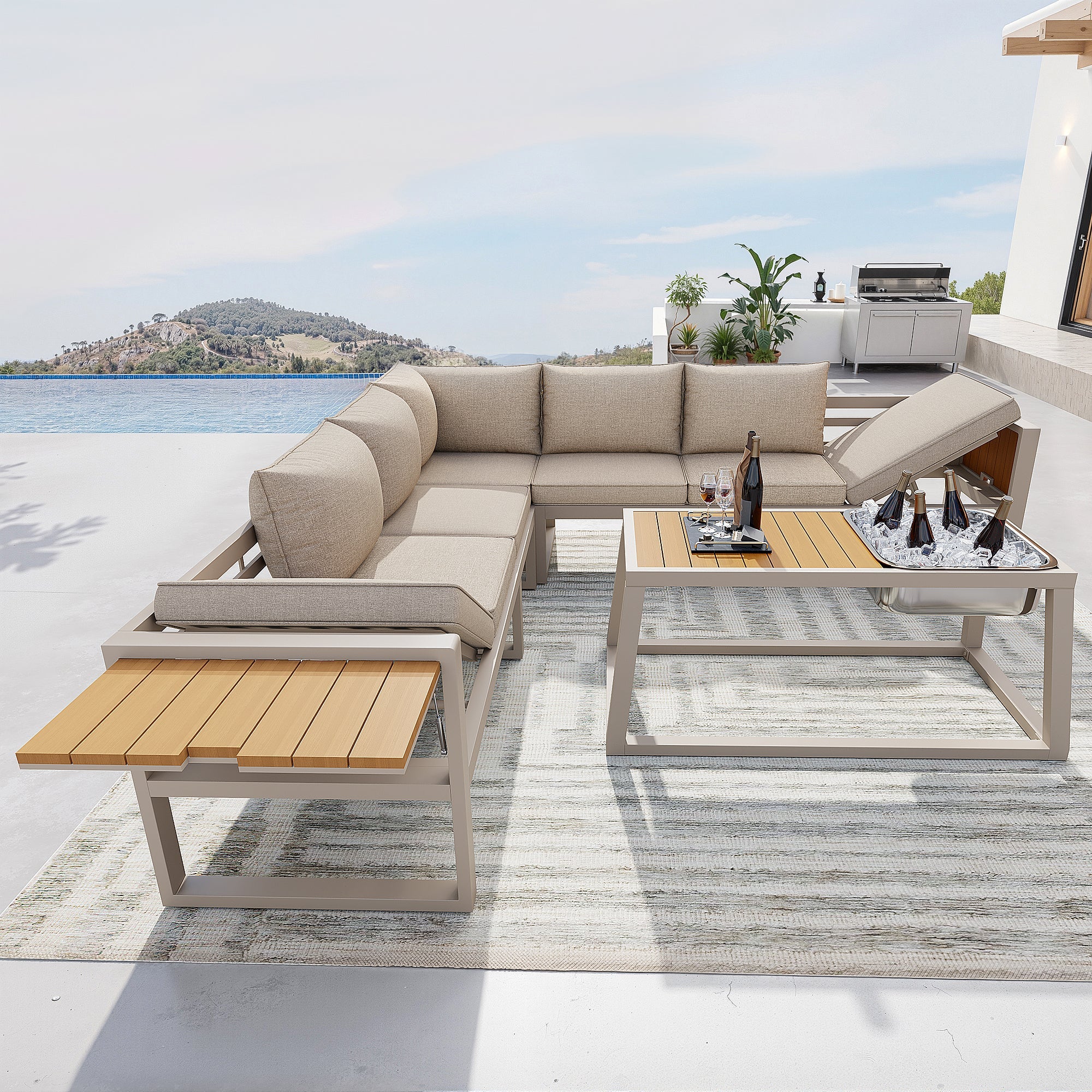 Modular Outdoor Sofa Set with Adjustable Backrest, Fold-out Armrests and Metal Ice Bucket, Grey/Beige - Image 5