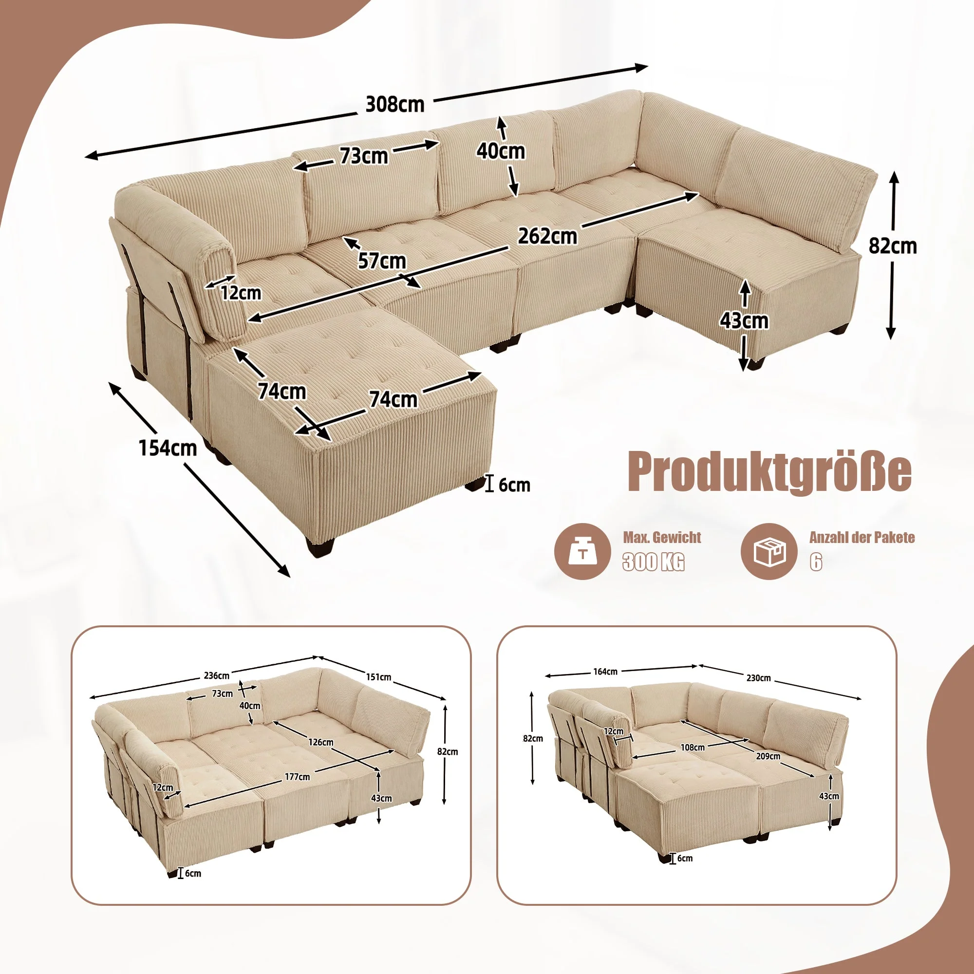 Modular Sofa 6-Seater Convertible Sleeper with Storage Pockets, Corduroy Khaki - Image 2
