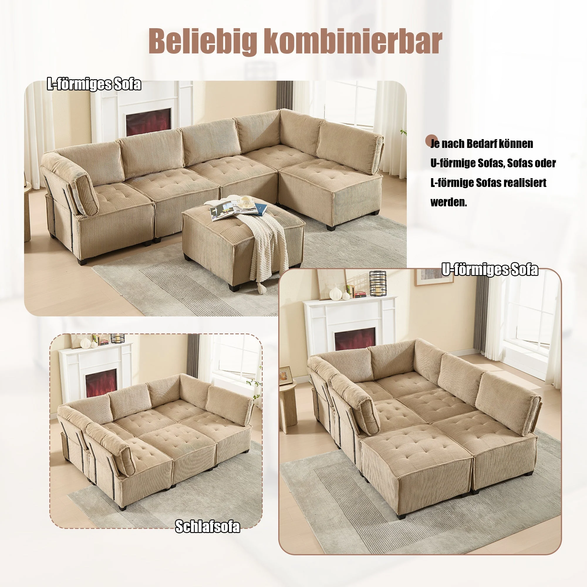 Modular Sofa 6-Seater Convertible Sleeper with Storage Pockets, Corduroy Khaki - Image 3