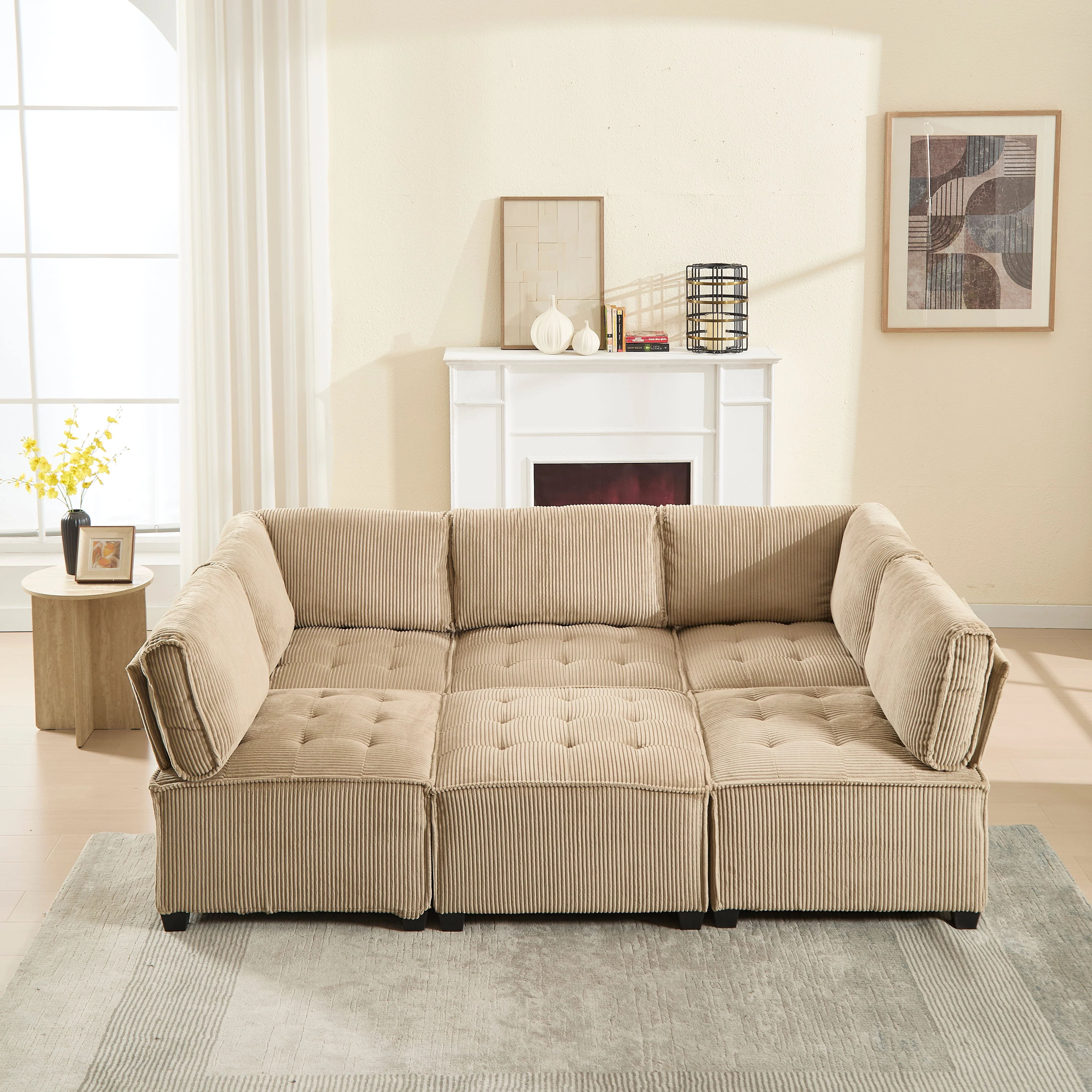 Modular Sofa 6-Seater Convertible Sleeper with Storage Pockets, Corduroy Khaki - Image 8