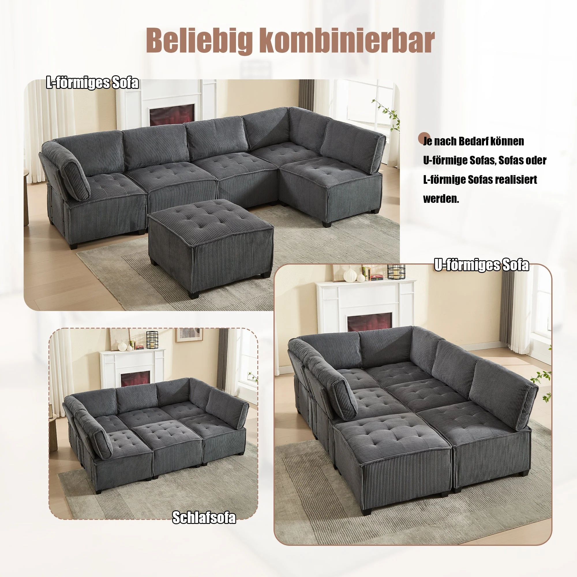 Modular Sofa 6-Seater Convertible U/L-Shape Sleeper Storage Pockets Corduroy Grey - Image 4