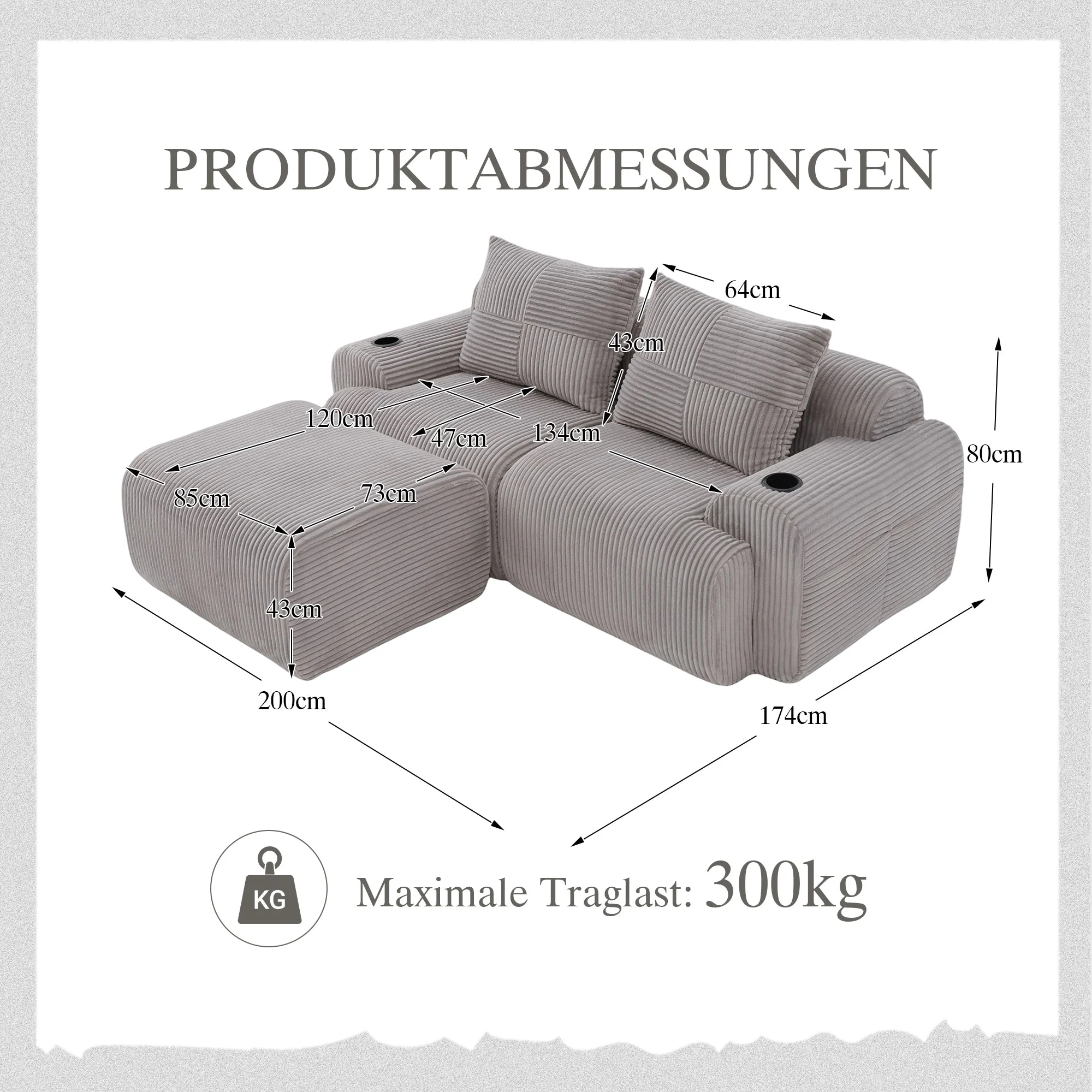 Modular Sofa for 2 People, Freely Combinable with Ottomans and Cup Holder, Light Grey Corduroy - Image 2