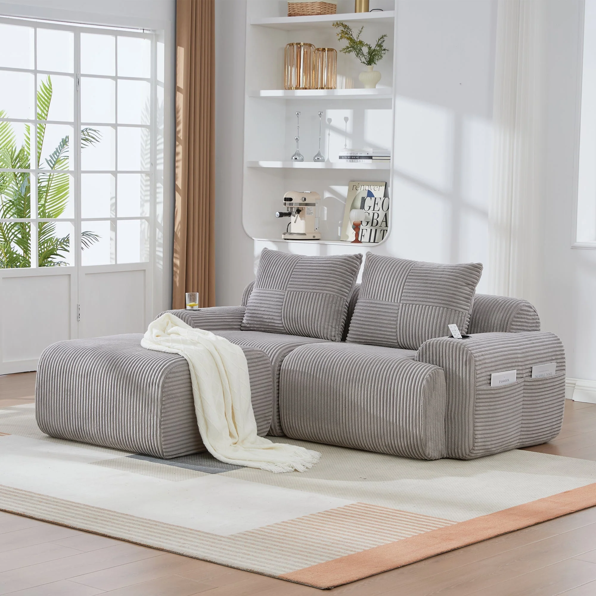 Modular Sofa for 2 People, Freely Combinable with Ottomans and Cup Holder, Light Grey Corduroy - Image 8