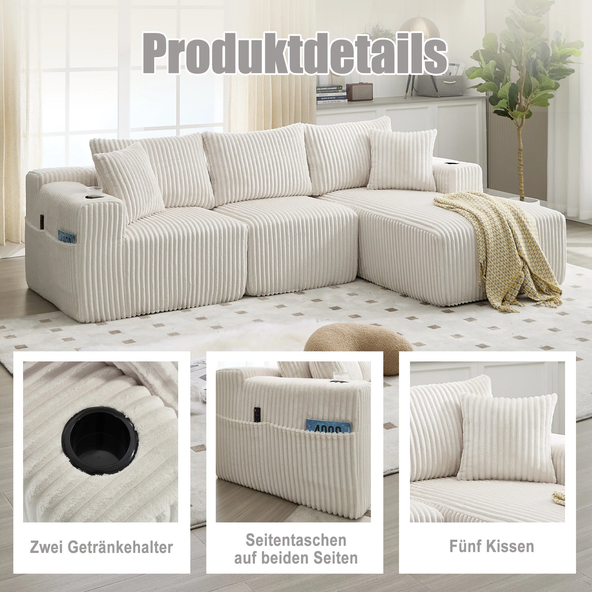 Modular Sofa Set Chaise & 2-Seater, DIY Combination, Corduroy Fabric - Image 4