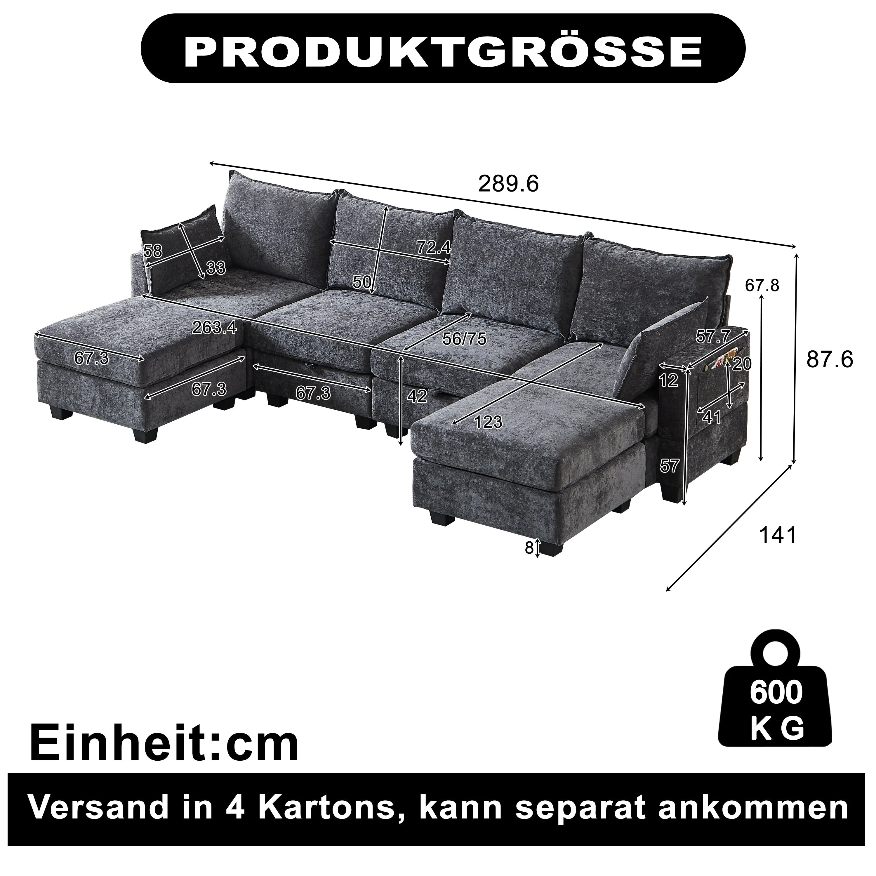 Modular Sofa U-Shaped 6-Seater Chaise Longue Storage Ottoman Chenille - Image 2