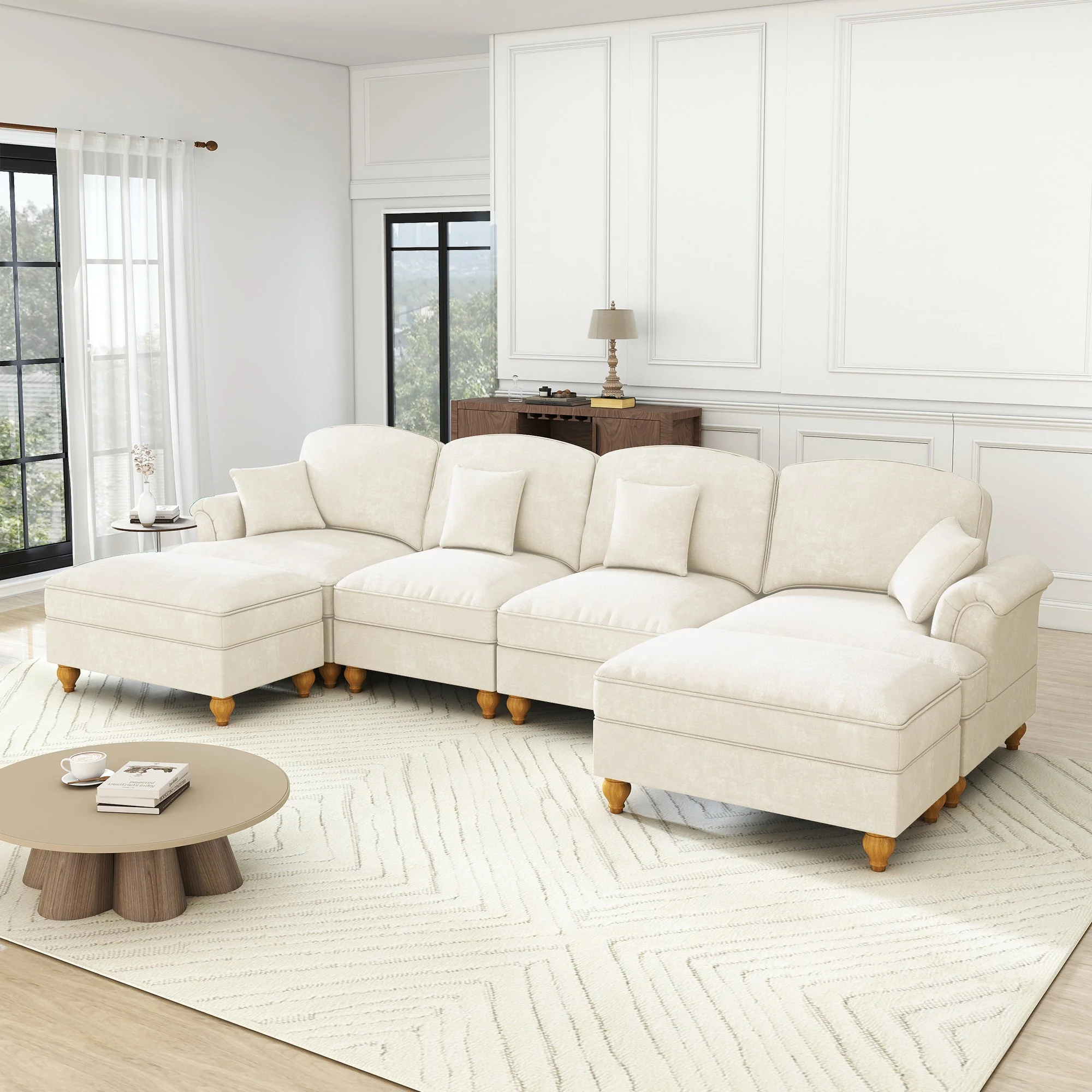 Modular U-Shaped Sofa 4-Seater Movable Ottoman Removable Apron - White Chenille