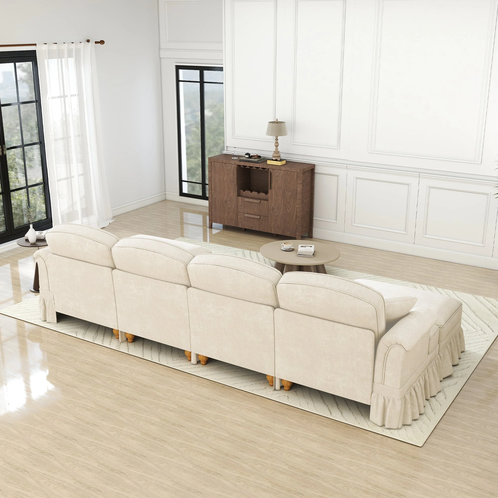 Modular U-Shaped Sofa 4-Seater Movable Ottoman Removable Apron - White Chenille - Image 7