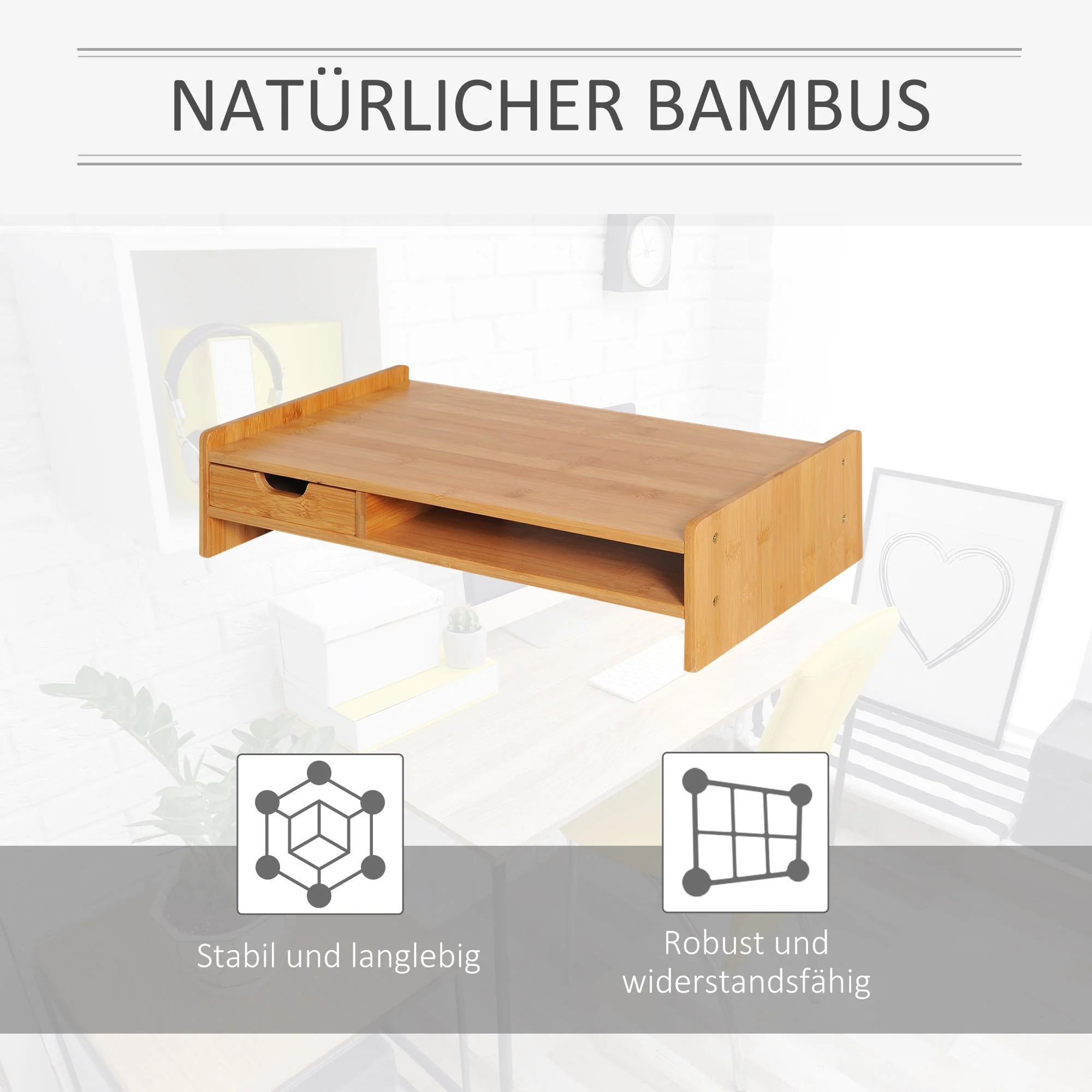 Monitor Stand Screen Desk Organizer with Drawers, Natural Bamboo - Image 6