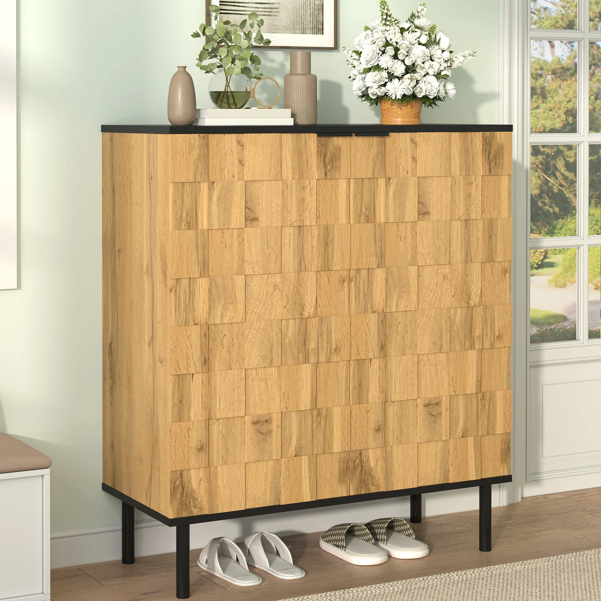 Mosaic Shoe Cabinet with 2 Doors and Adjustable Compartments, Wood Look Chipboard - Image 6